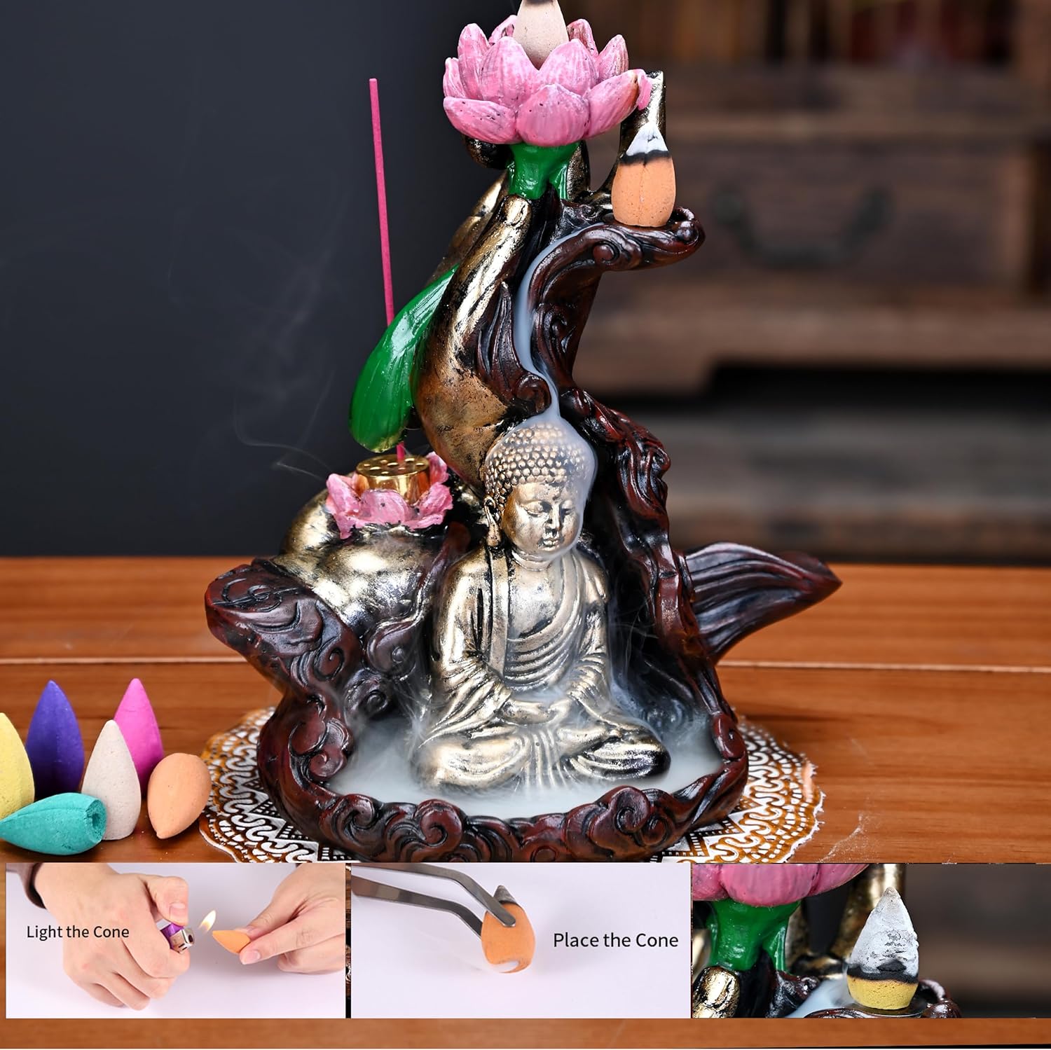 Waterfall Incense Burner with Lotus Design