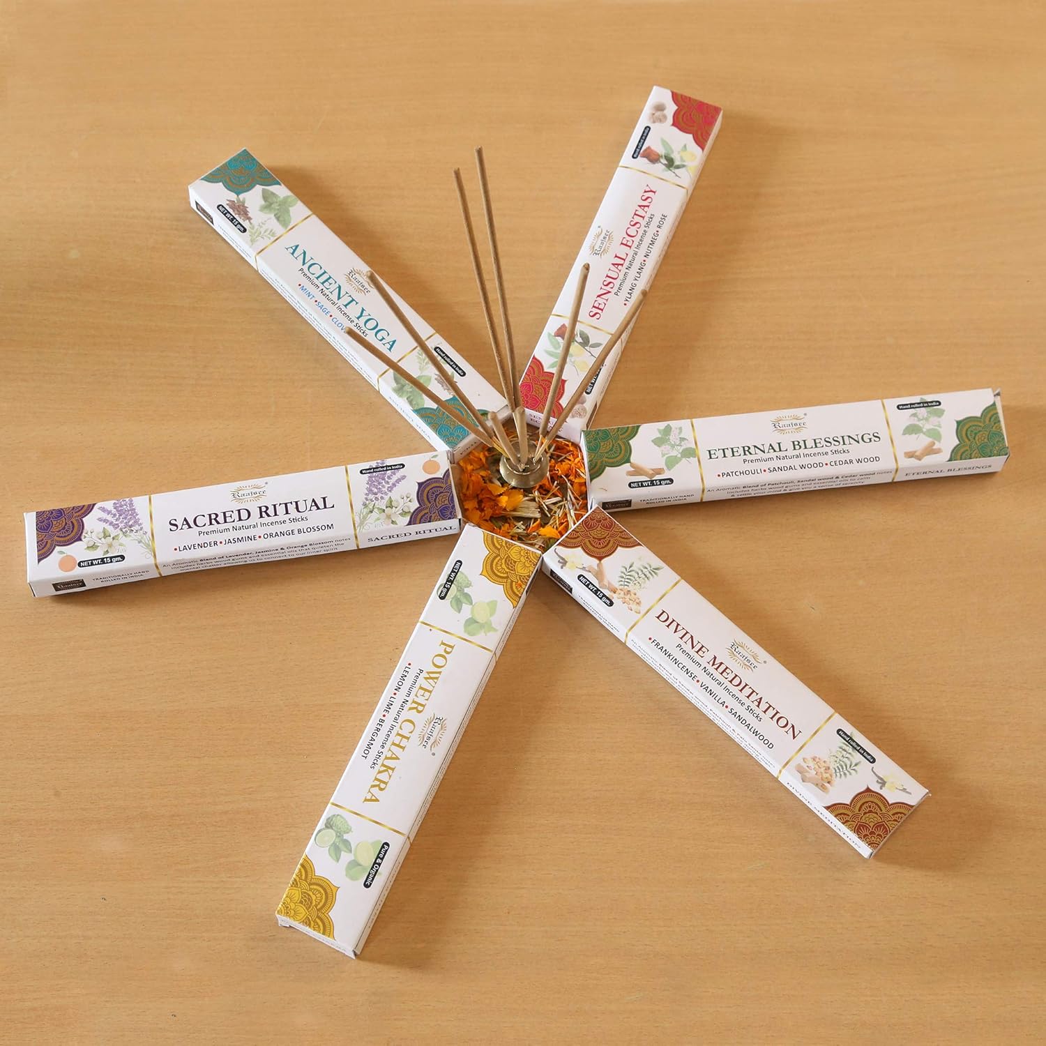 Raajsee Natural Incense Sticks 6 Pack Mixed Scents Gift Set