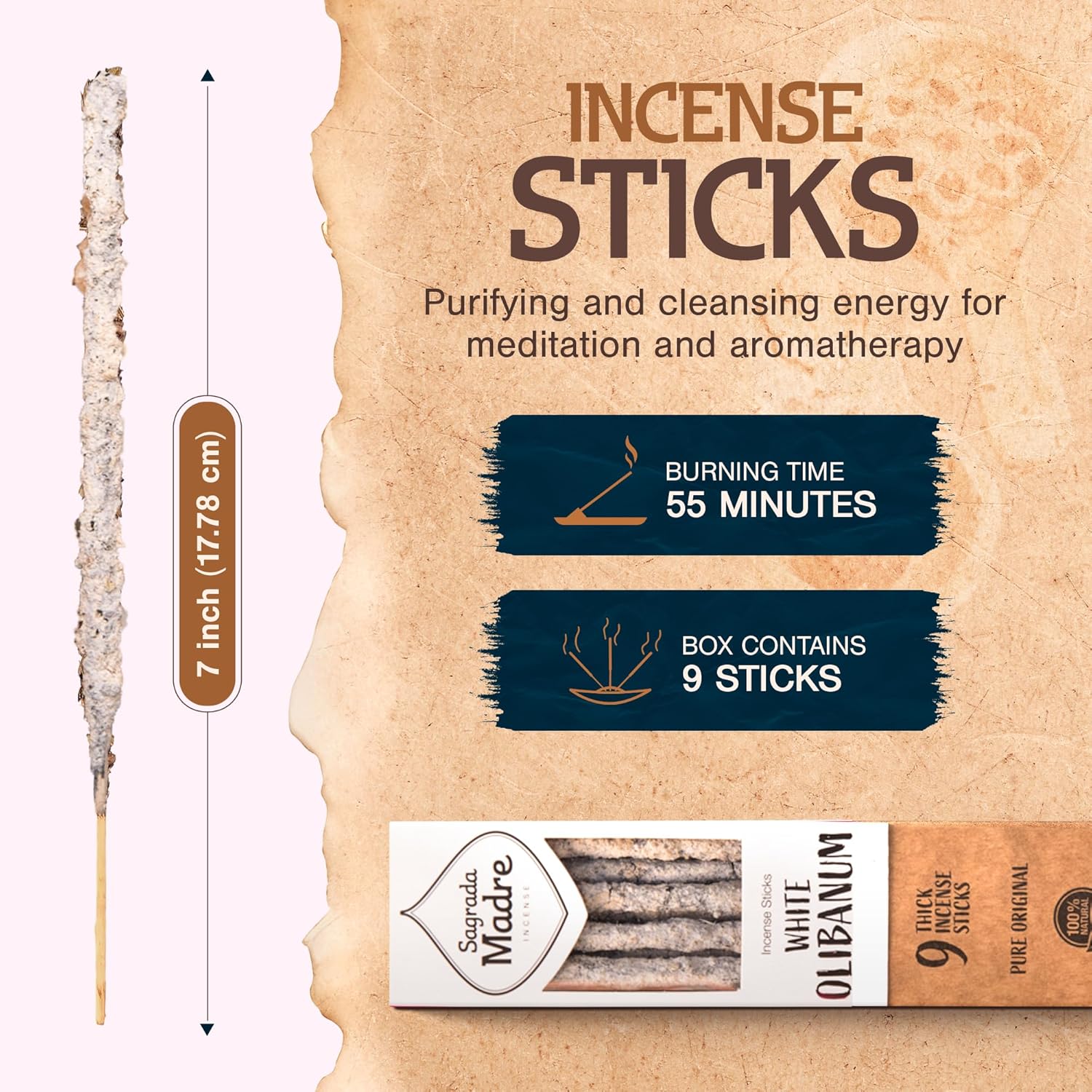 9 Pcs Wildly Harvested Frankincense Incense Sticks 7 Long - Thick Aromatic for Space Harmony Positive Energy