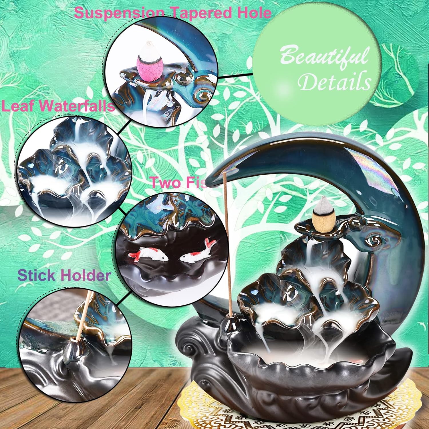 New Moon Backflow Incense Holder with 100 Cones and 40 Sticks