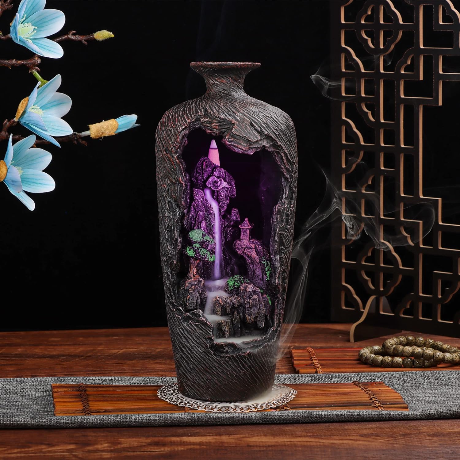 Mountain Waterfall Incense Burner with 20 Cones Tweezer and Mat