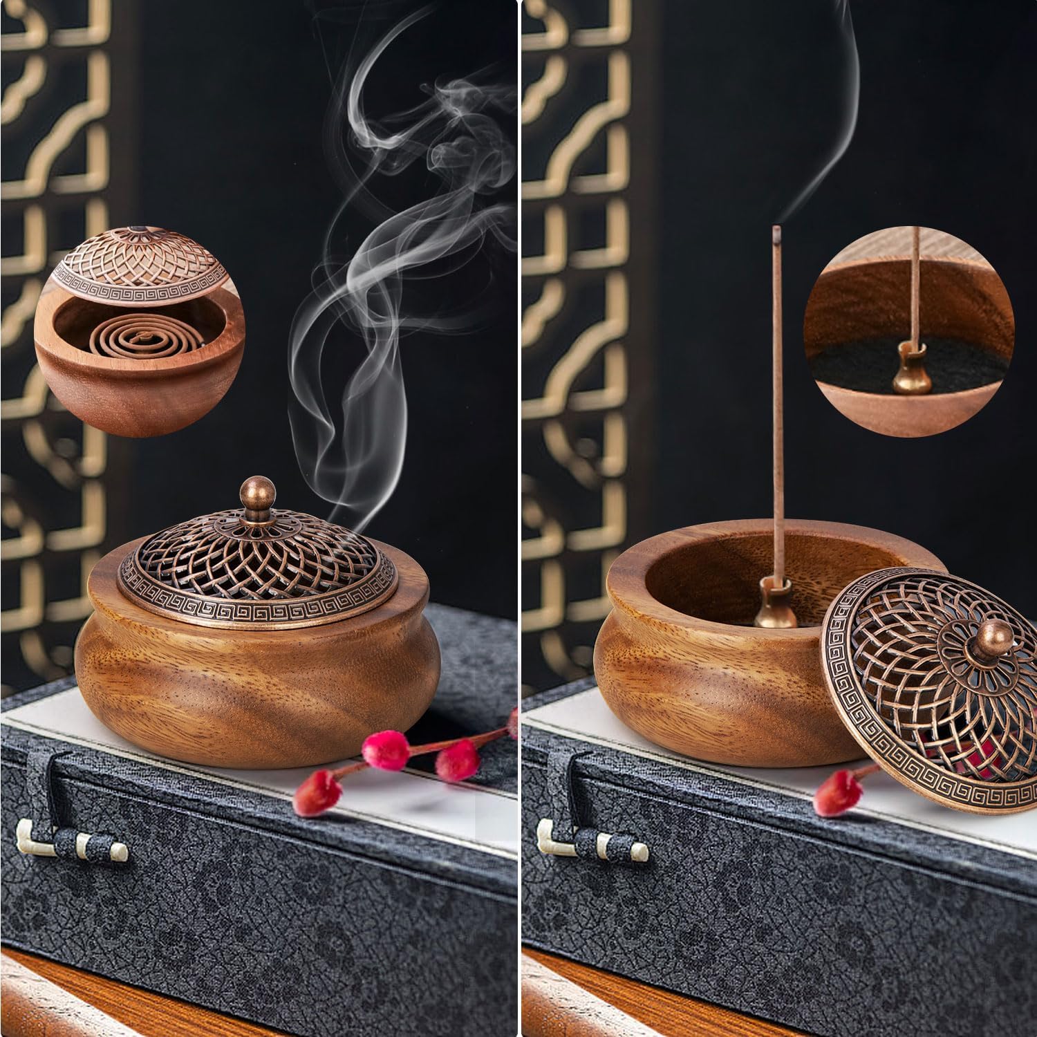 2 Pack Incense Cone Holder Retro Wooden Burner with Brass Lid