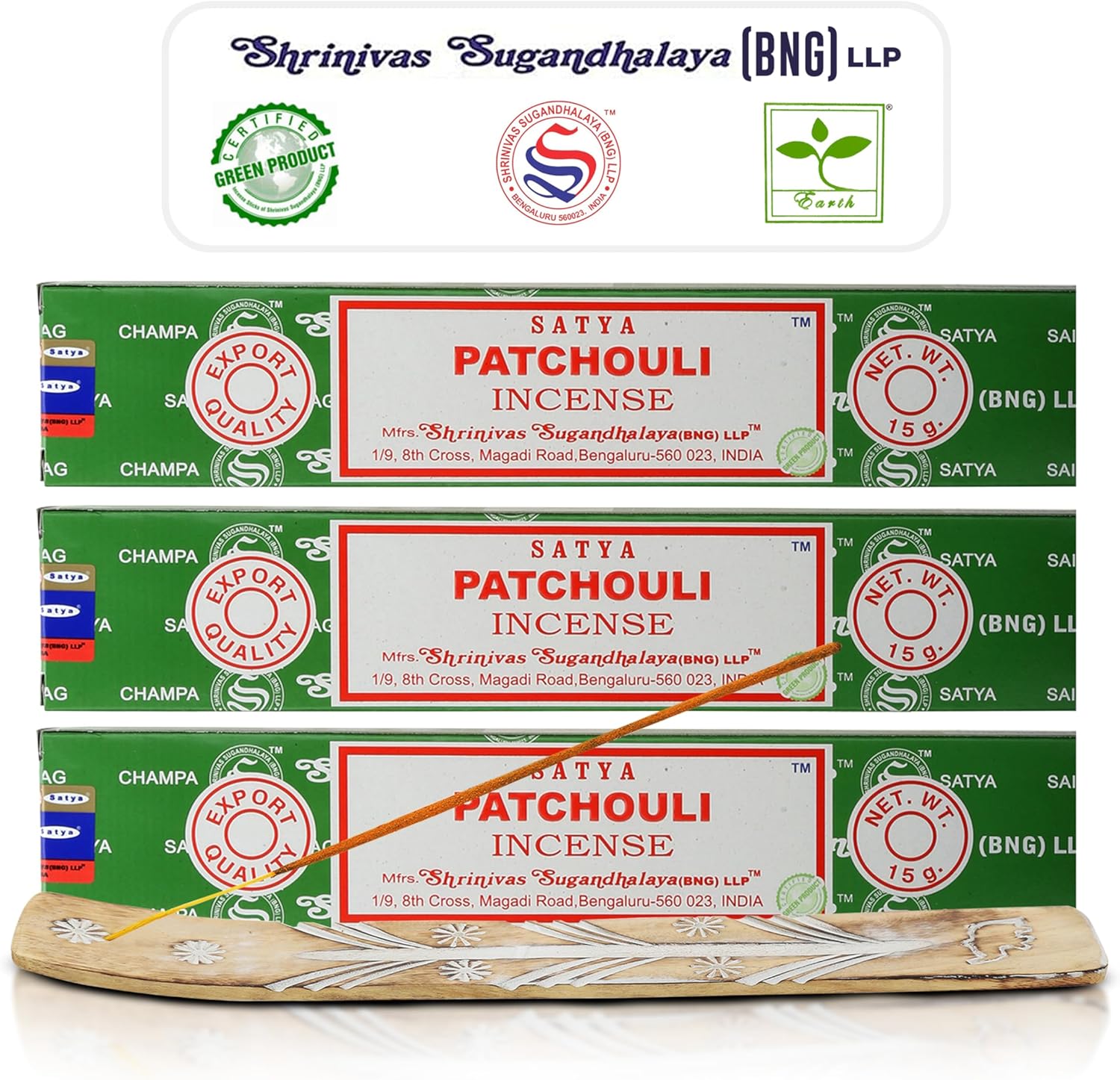 Satya Patchouli Incense Sticks 45 GMS 3 Pack with Raajsee Incense Holder