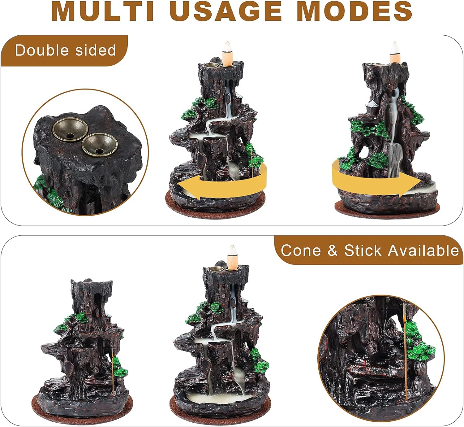 SPACEKEEPER Backflow Incense Burner with 2 Sides Waterfall Design