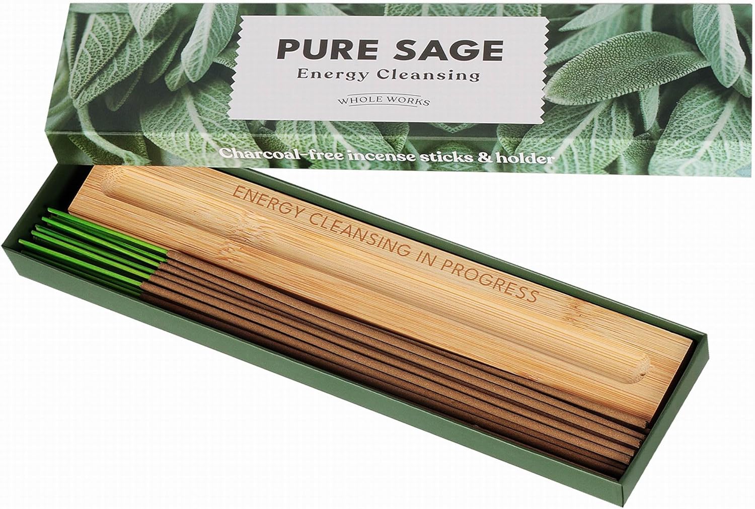 Premium Sage Incense Sticks with Energy Cleansing Holder - Charcoal Free for Safe Burn - 30 Sticks