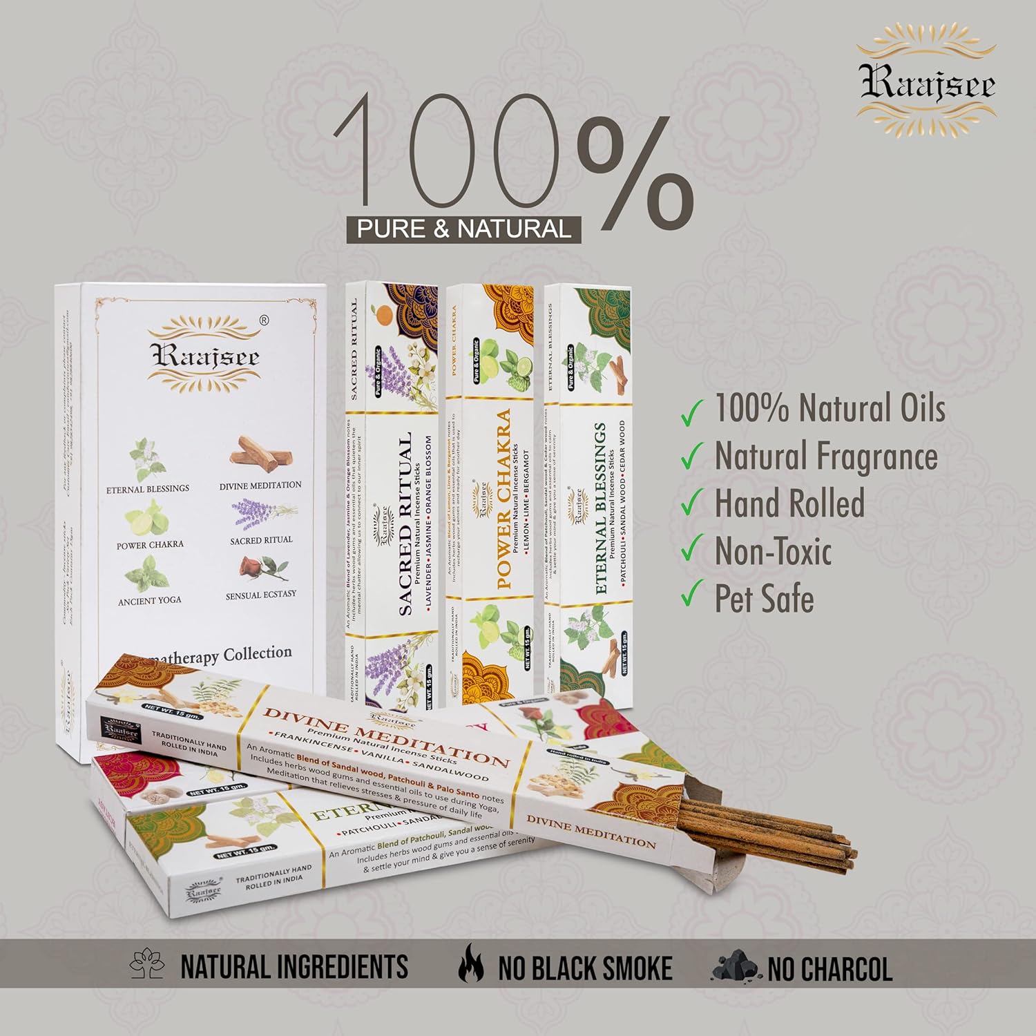 Raajsee Natural Incense Sticks 6 Pack Mixed Scents Gift Set
