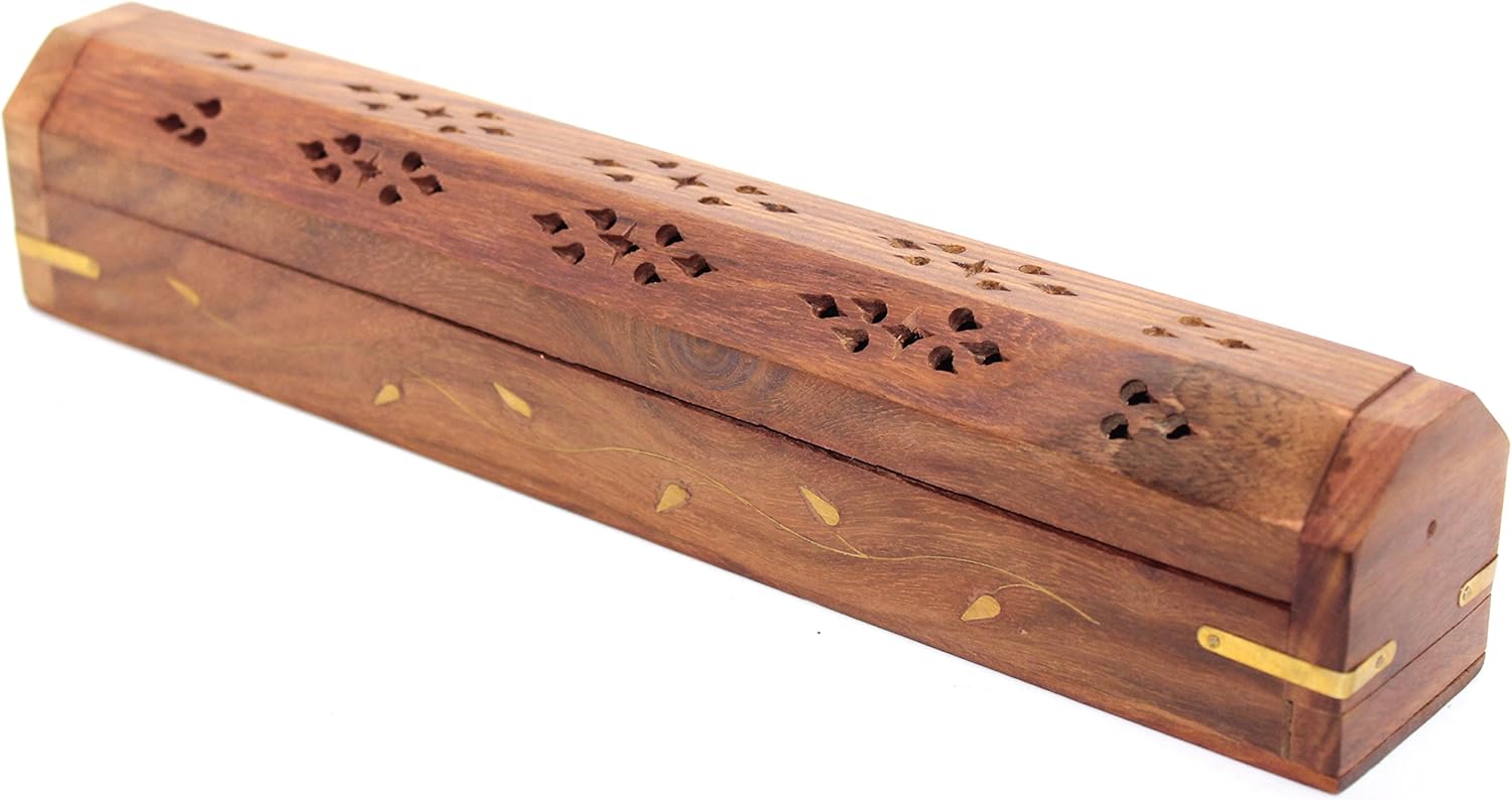 Govinda Wooden Incense Burner with Brass Inlays and Storage Compartment