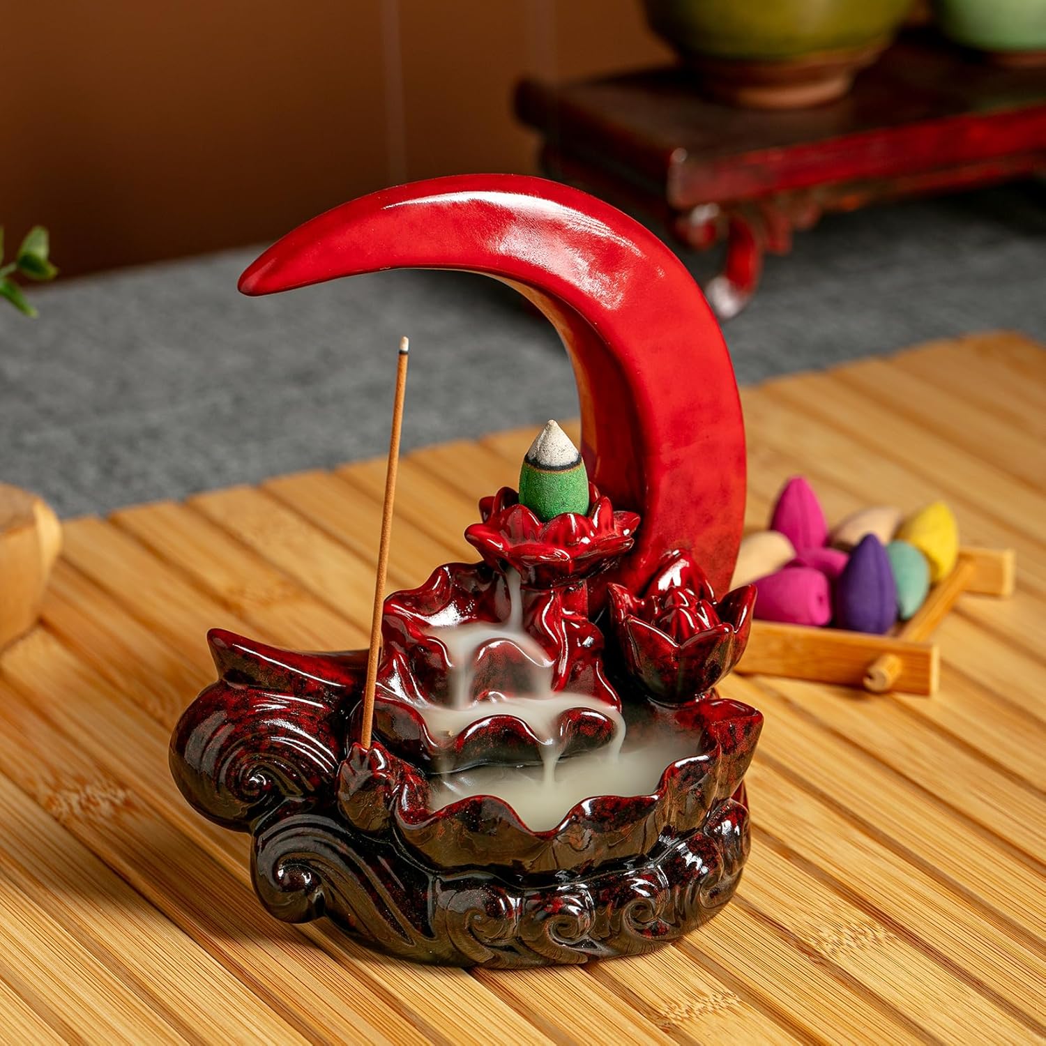 Moon Incense Burner with 60 Cones and 30 Sticks Red