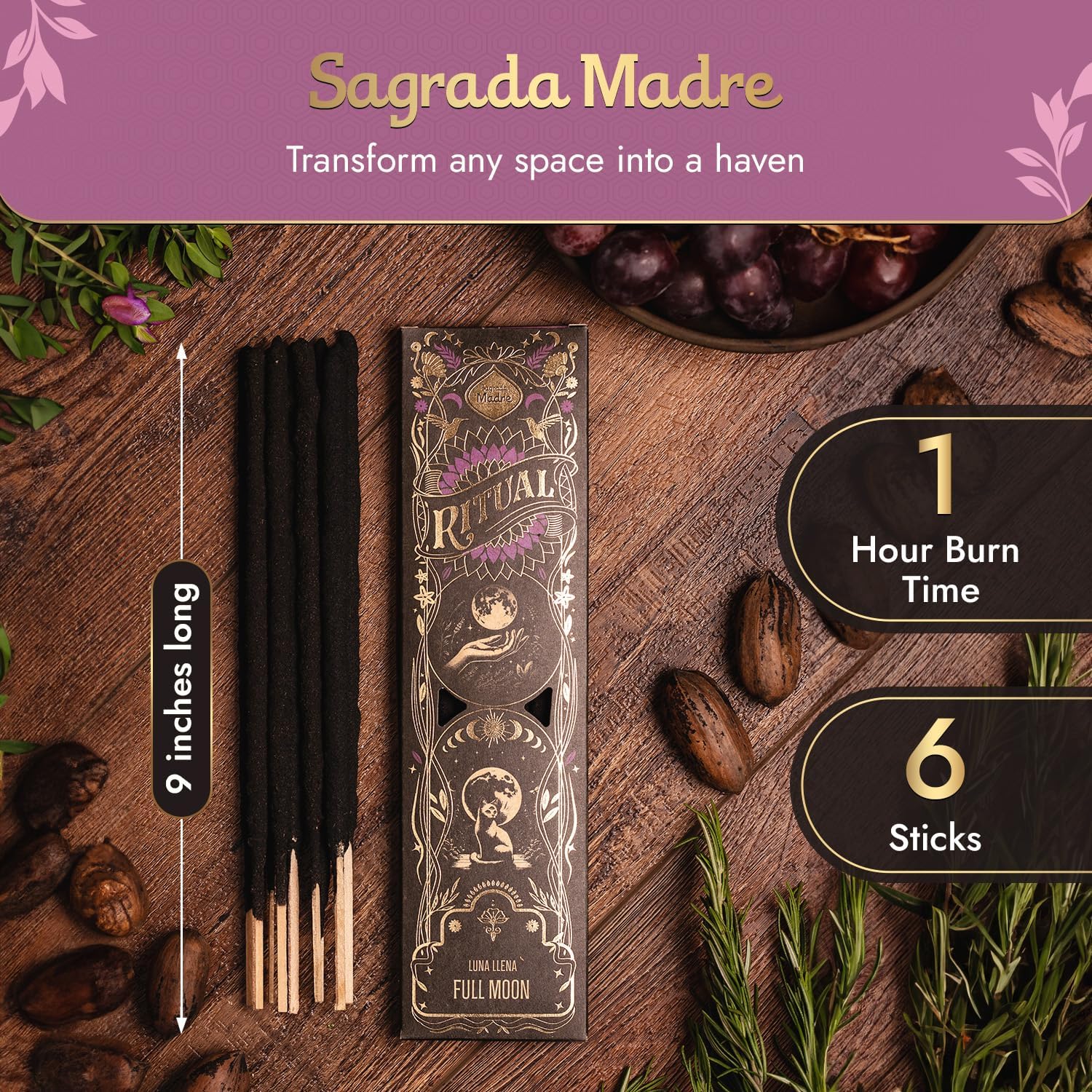 Sagrada Madre Ritual Full Moon Incense Sticks 6 Pack 9 Inches Natural Aromatic