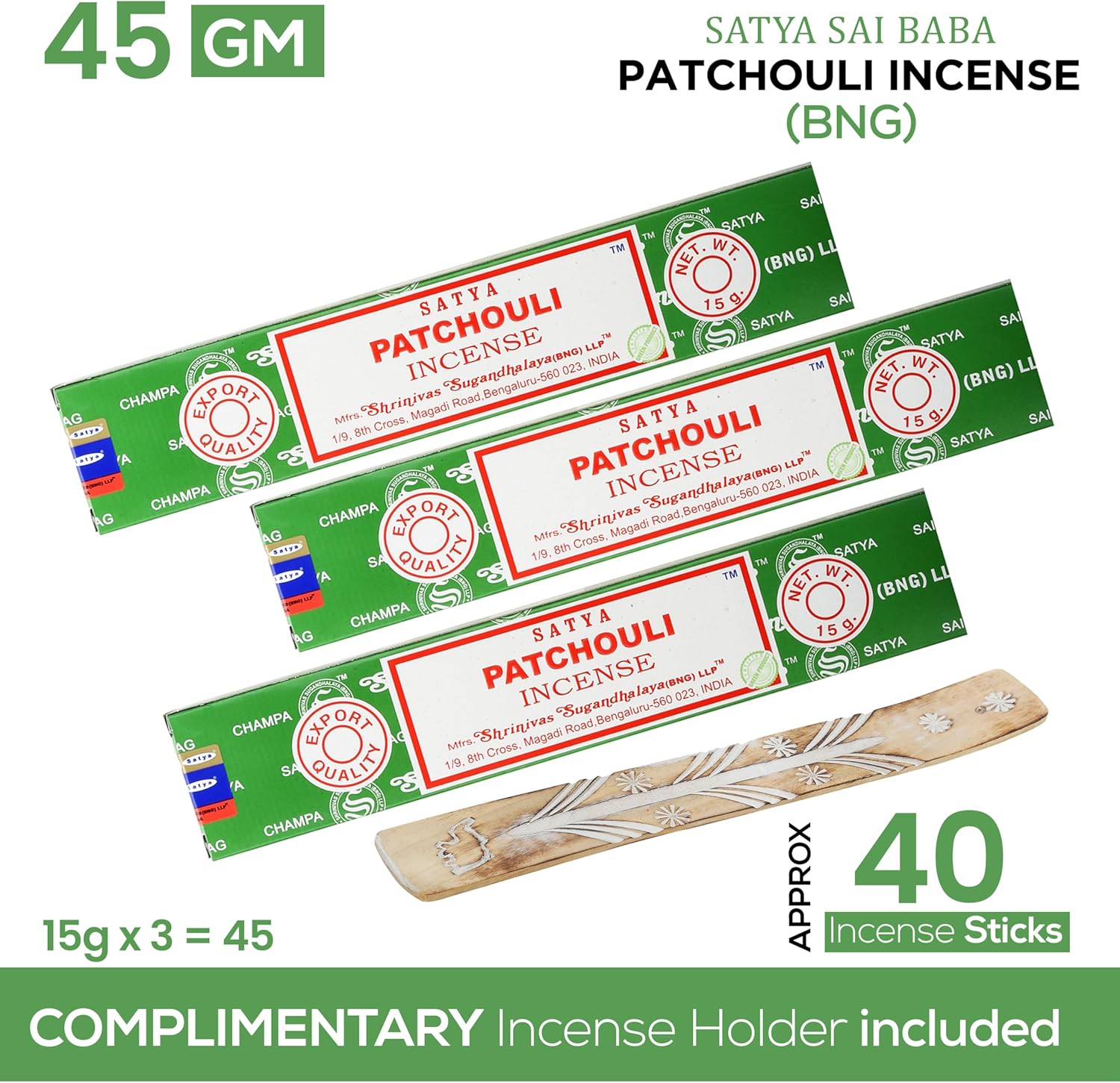 Satya Patchouli Incense Sticks 45 GMS 3 Pack with Raajsee Incense Holder