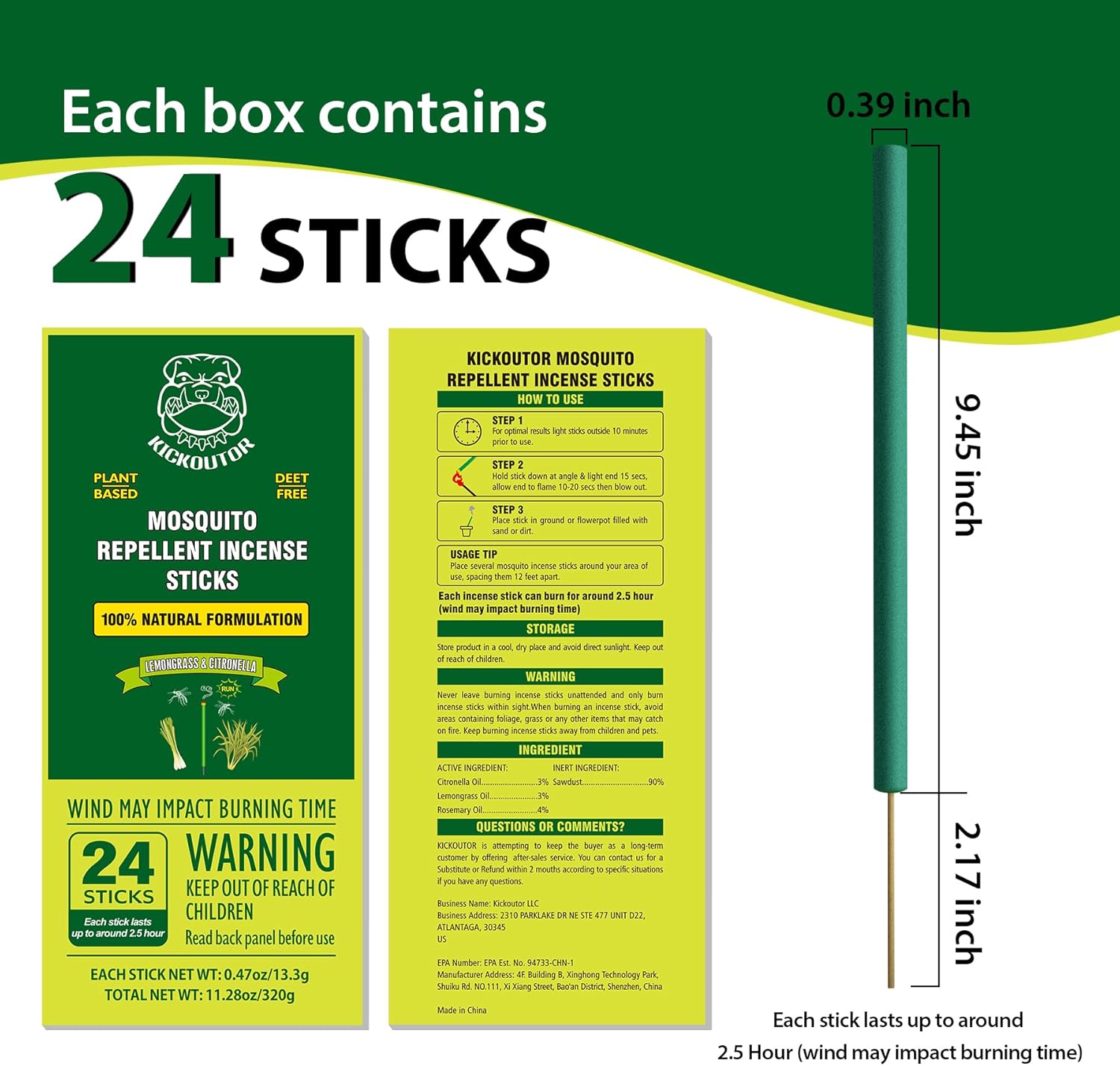 KICKOUTOR Mosquito Repellent Incense Sticks 24PCS DEET Free Natural Citronella Lemongrass Oil