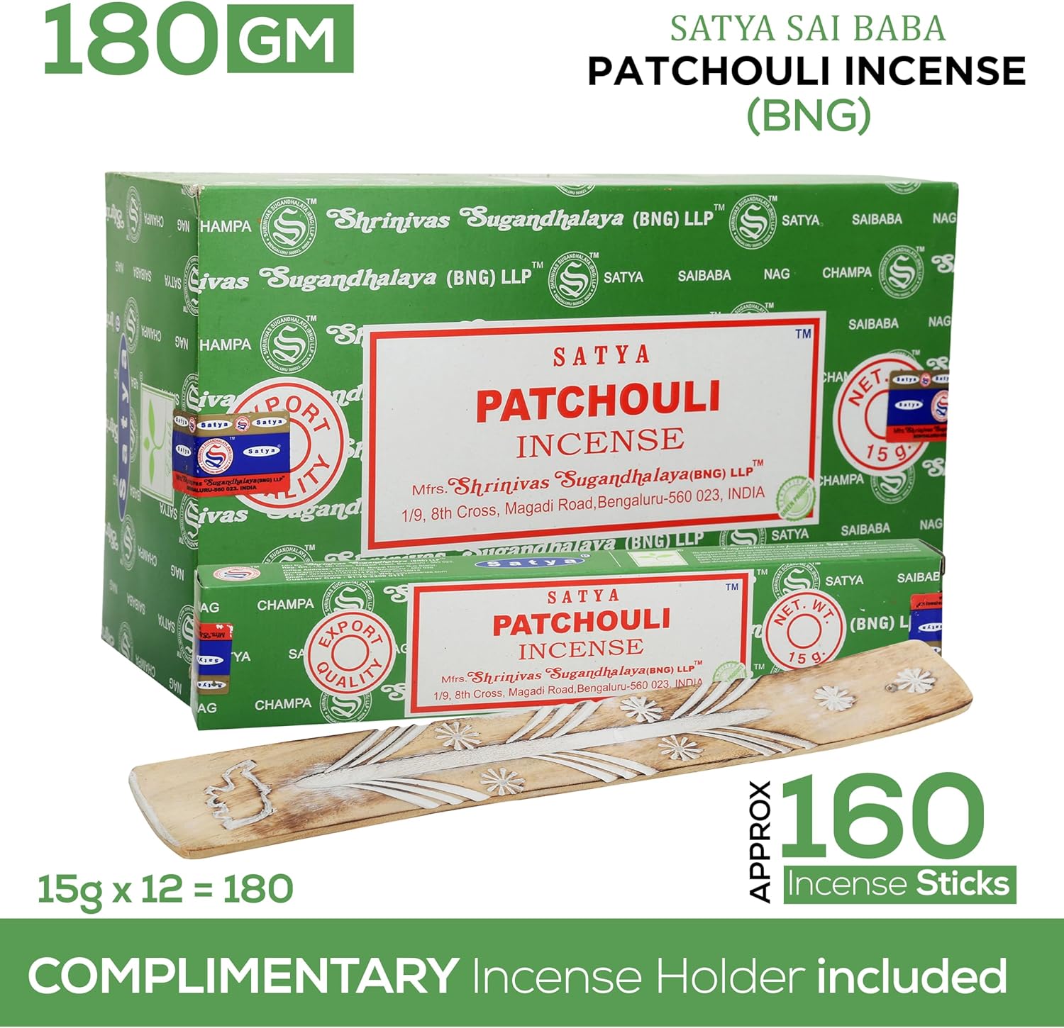Satya Patchouli Incense Sticks 15gmx12 Pack with Raajsee Holder