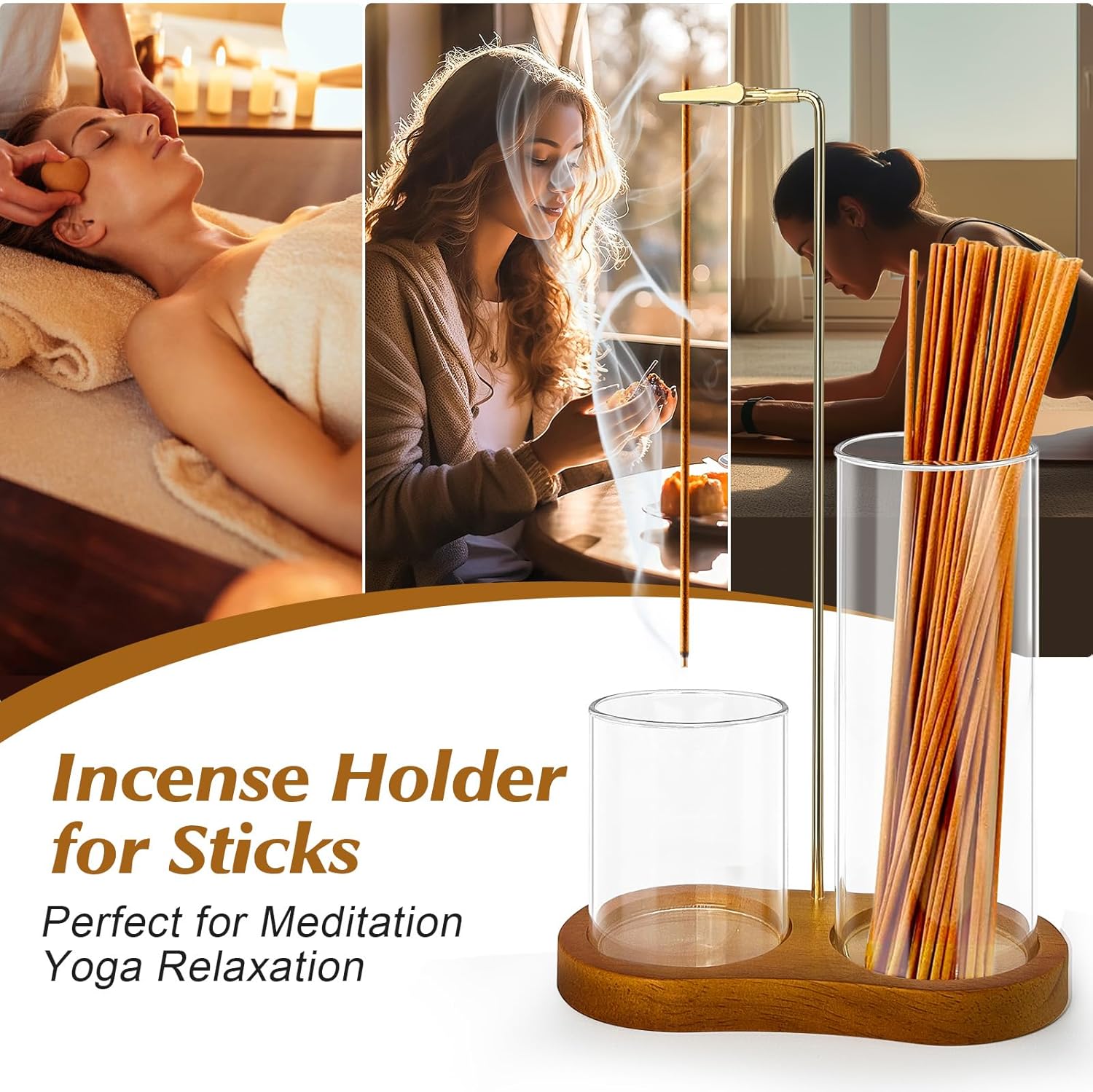 2 in 1 Incense Holder with Glass Ash Catcher and Metal Clip