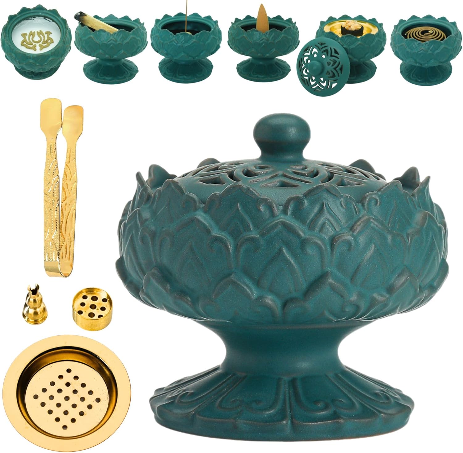 Lotus Shape Ceramic Incense Burner with Tweezers