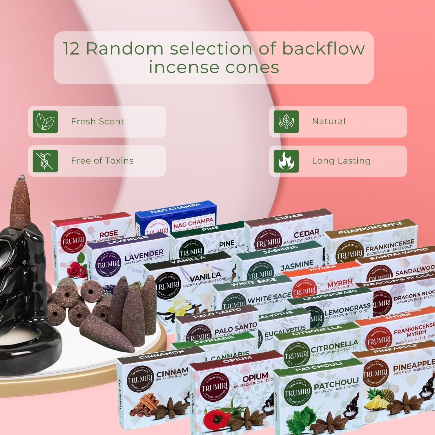 Trumiri Backflow Incense Cones for Waterfall Fountain - 12 Scents - 10 Cones Each - 120 Total