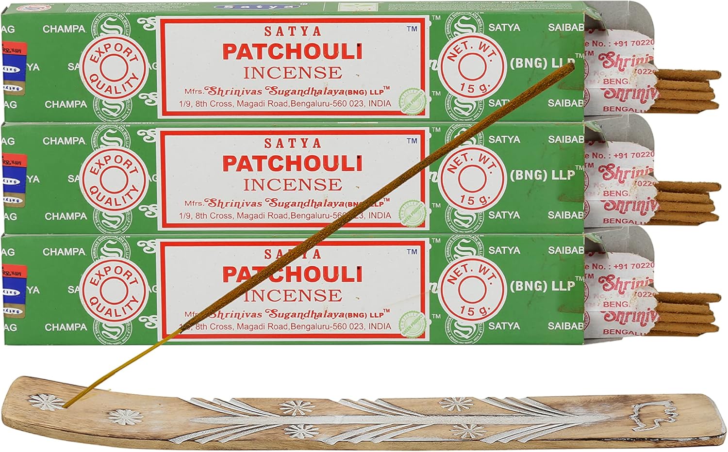 Satya Patchouli Incense Sticks 45 GMS 3 Pack with Raajsee Incense Holder