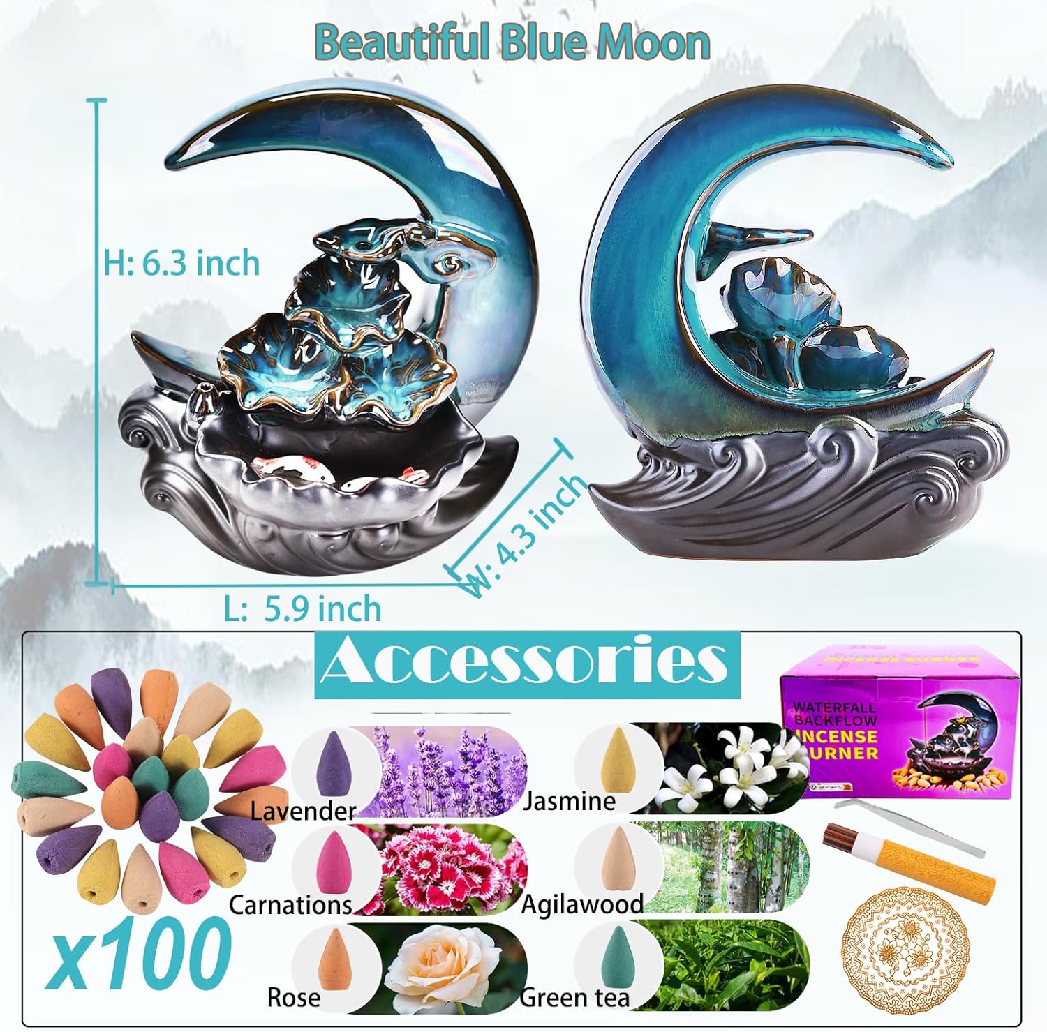 New Moon Backflow Incense Holder with 100 Cones and 40 Sticks