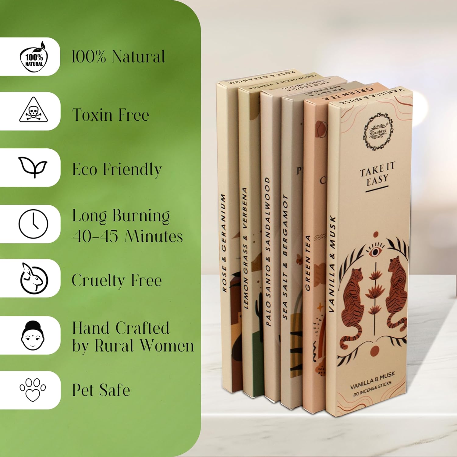 Raajsee Organic Incense Sticks - 120 Sticks with Holder