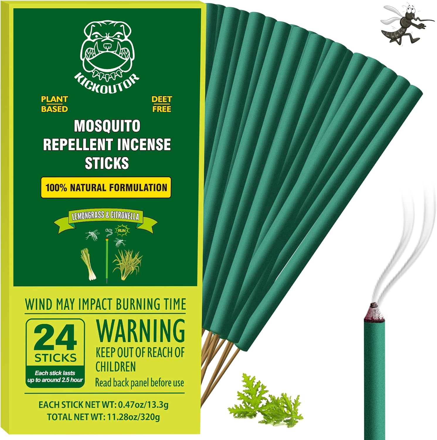 KICKOUTOR Mosquito Repellent Incense Sticks 24PCS DEET Free Natural Citronella Lemongrass Oil