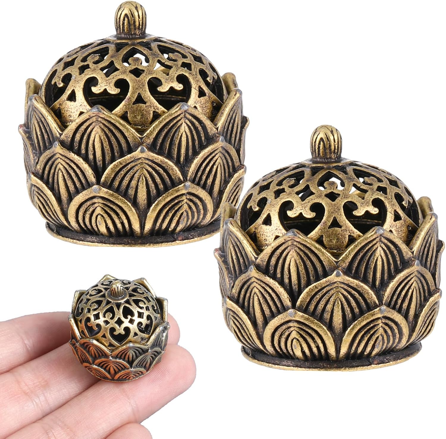 2 Pack Brass Lotus Incense Holders with Lid for Home Decor