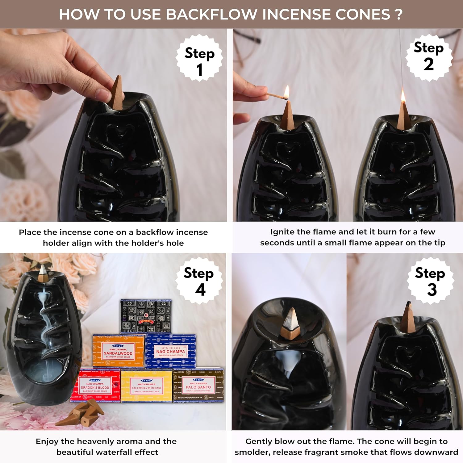 TRUMIRI Variety Pack Backflow Incense Cones for Waterfall Fountain - Pack of 6