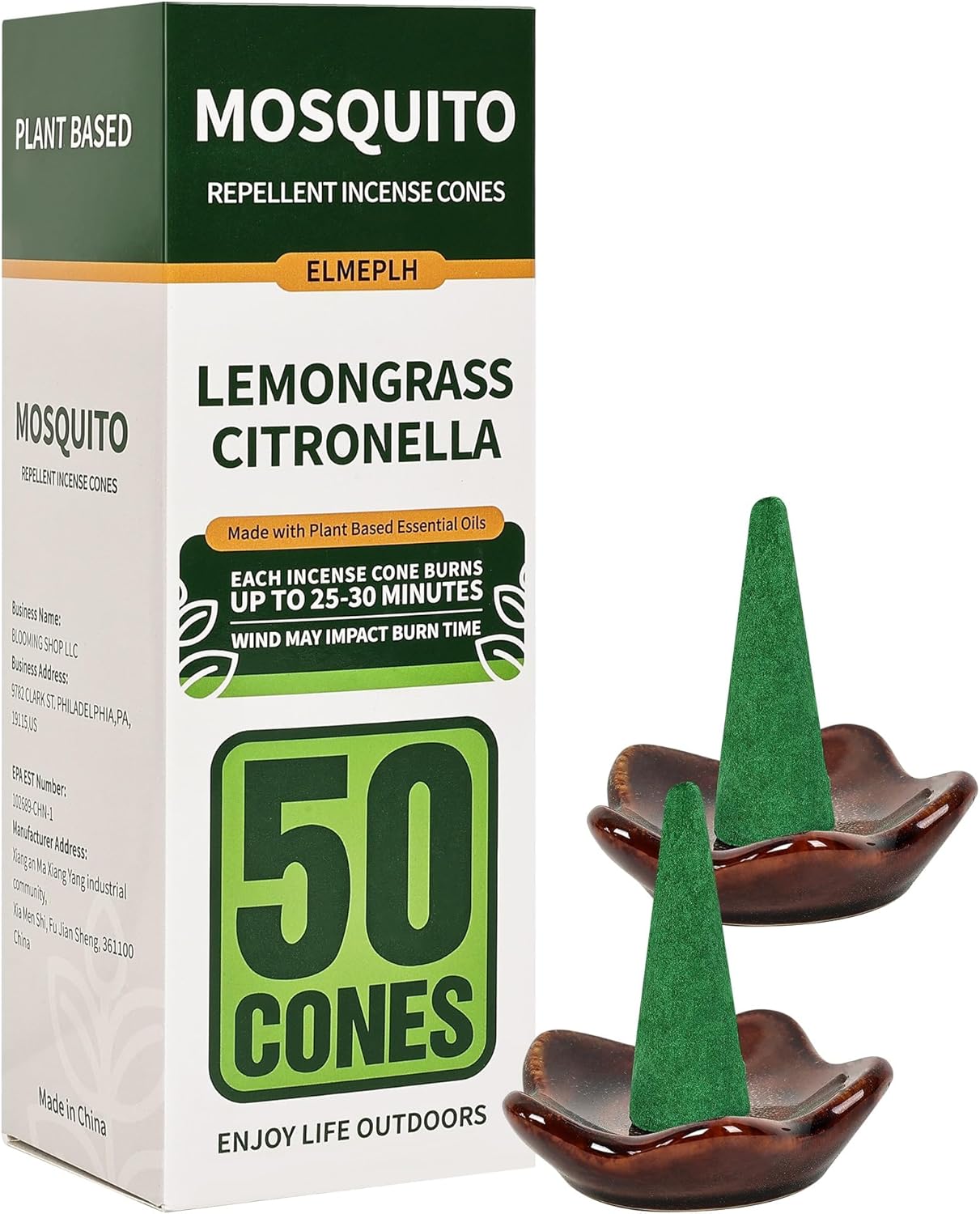 50 Pcs Citronella Incense Cones with 2 Ceramic Dishes