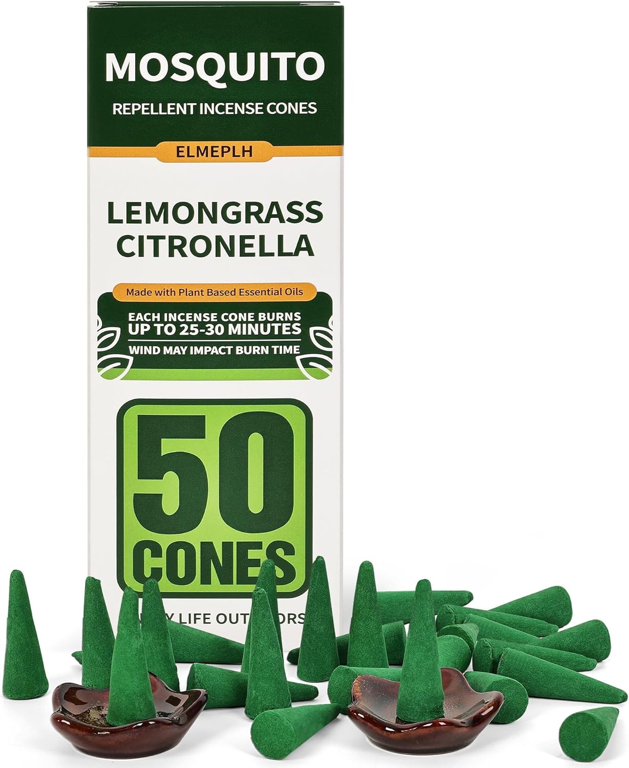 50 Pcs Citronella Incense Cones with 2 Ceramic Dishes