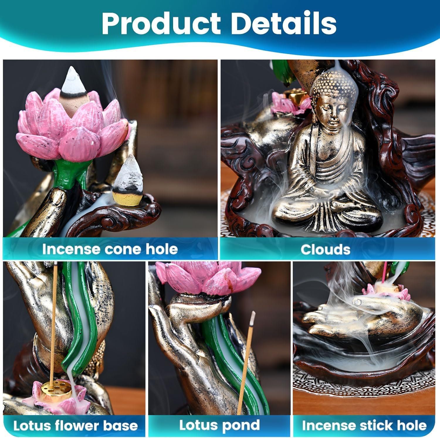 Waterfall Incense Burner with Lotus Design