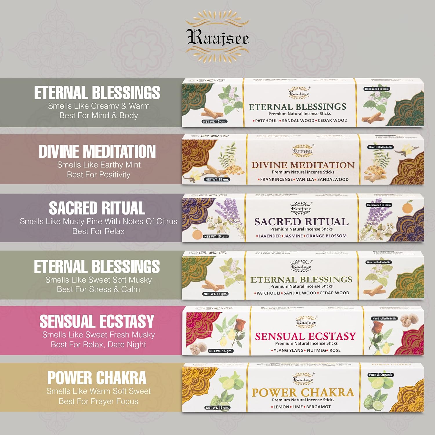 Raajsee Natural Incense Sticks 6 Pack Mixed Scents Gift Set