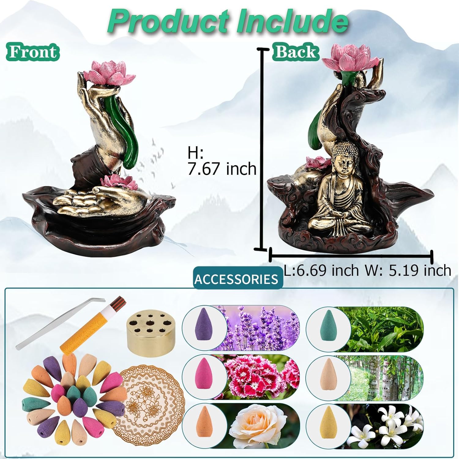 Waterfall Incense Burner with Lotus Design