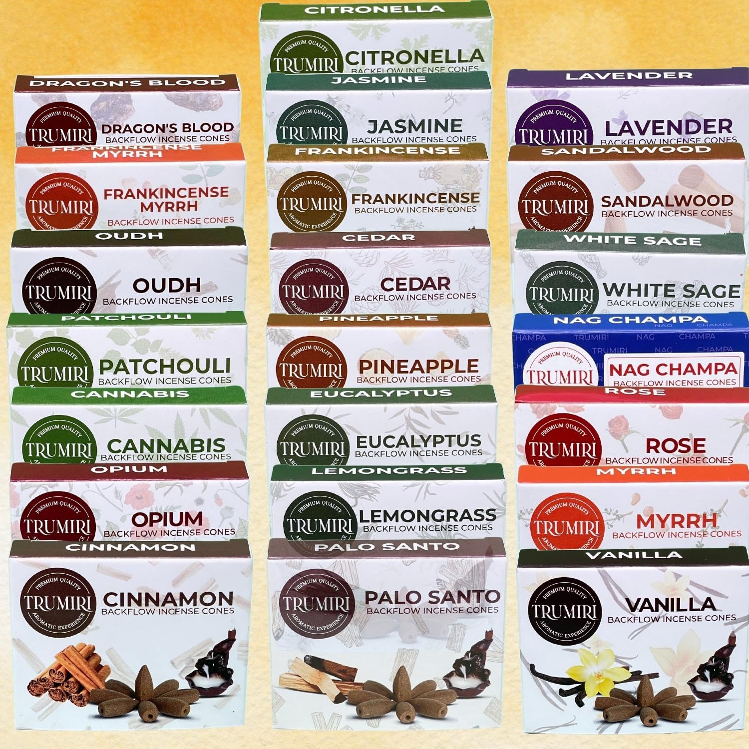 Trumiri Backflow Incense Cones for Waterfall Fountain - 12 Scents - 10 Cones Each - 120 Total