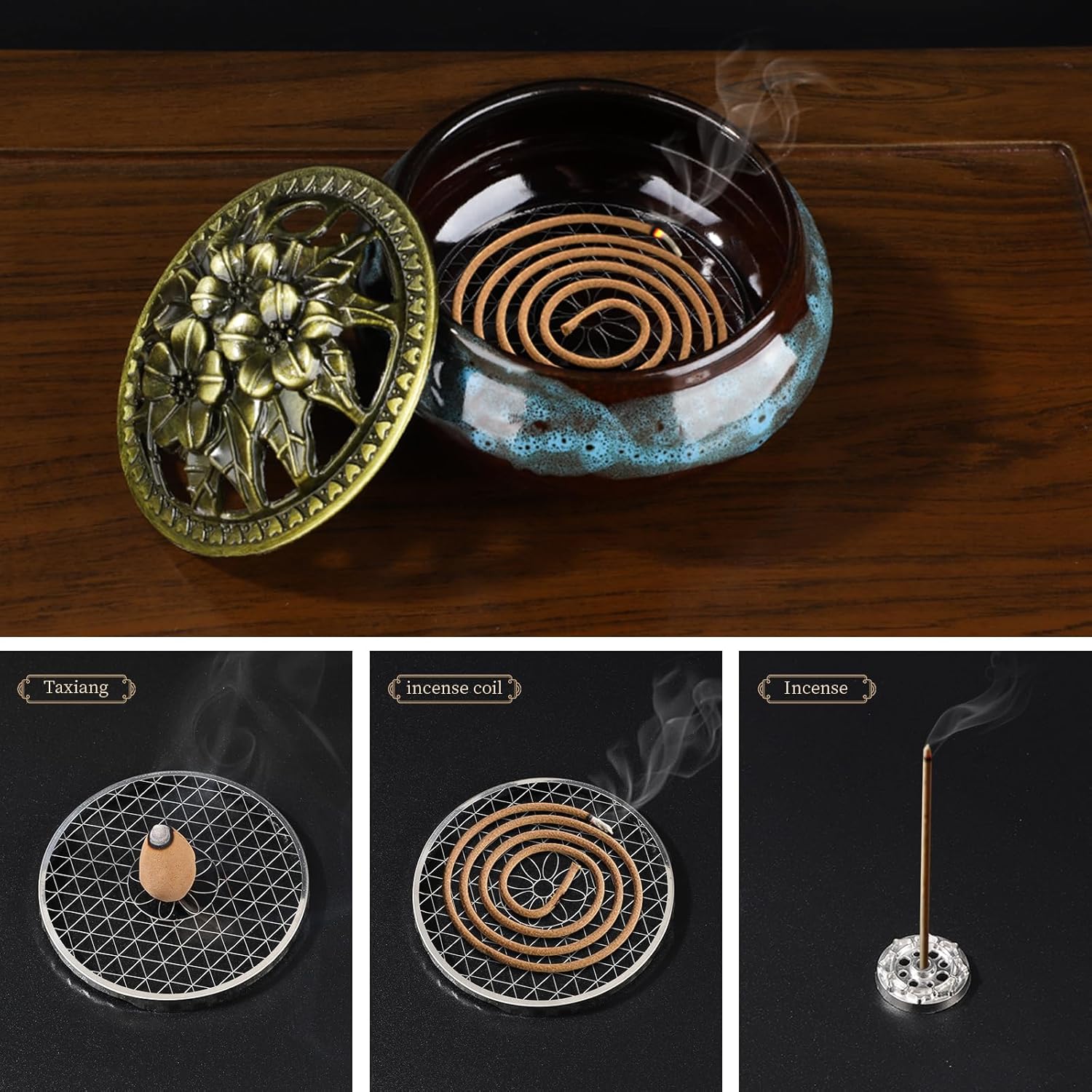 Handmade Ceramic Incense Burner with Metal Lid - Fambe Blue