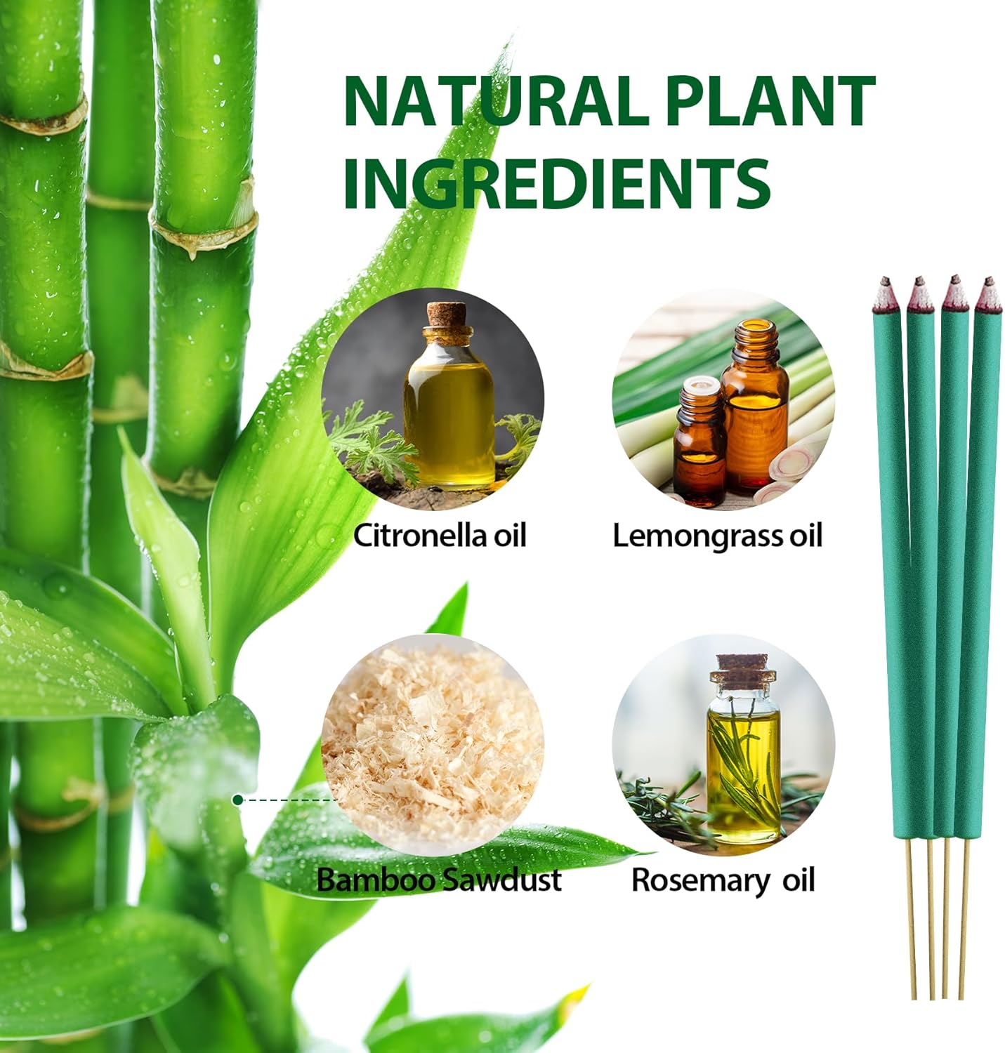 KICKOUTOR Mosquito Repellent Incense Sticks 24PCS DEET Free Natural Citronella Lemongrass Oil