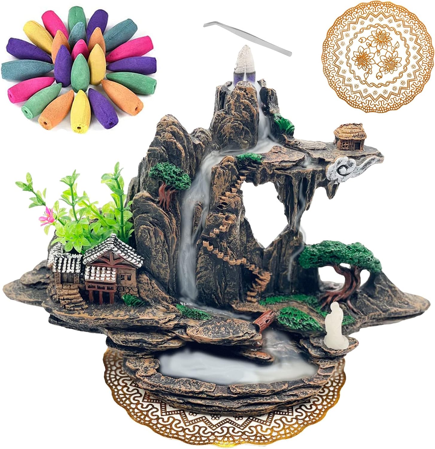 Mountain Waterfall Incense Burner with Upgraded Cones and Accessories