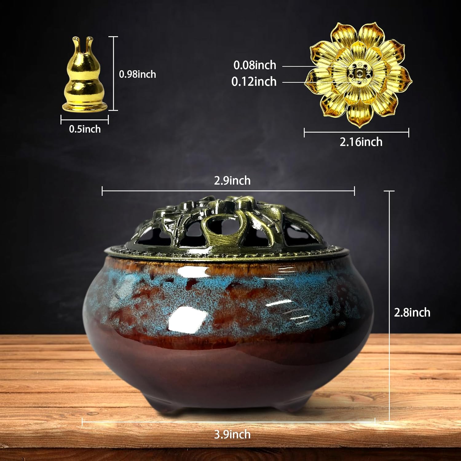 3PC Ceramic Incense Burner with Brass Lid Fambe Blue