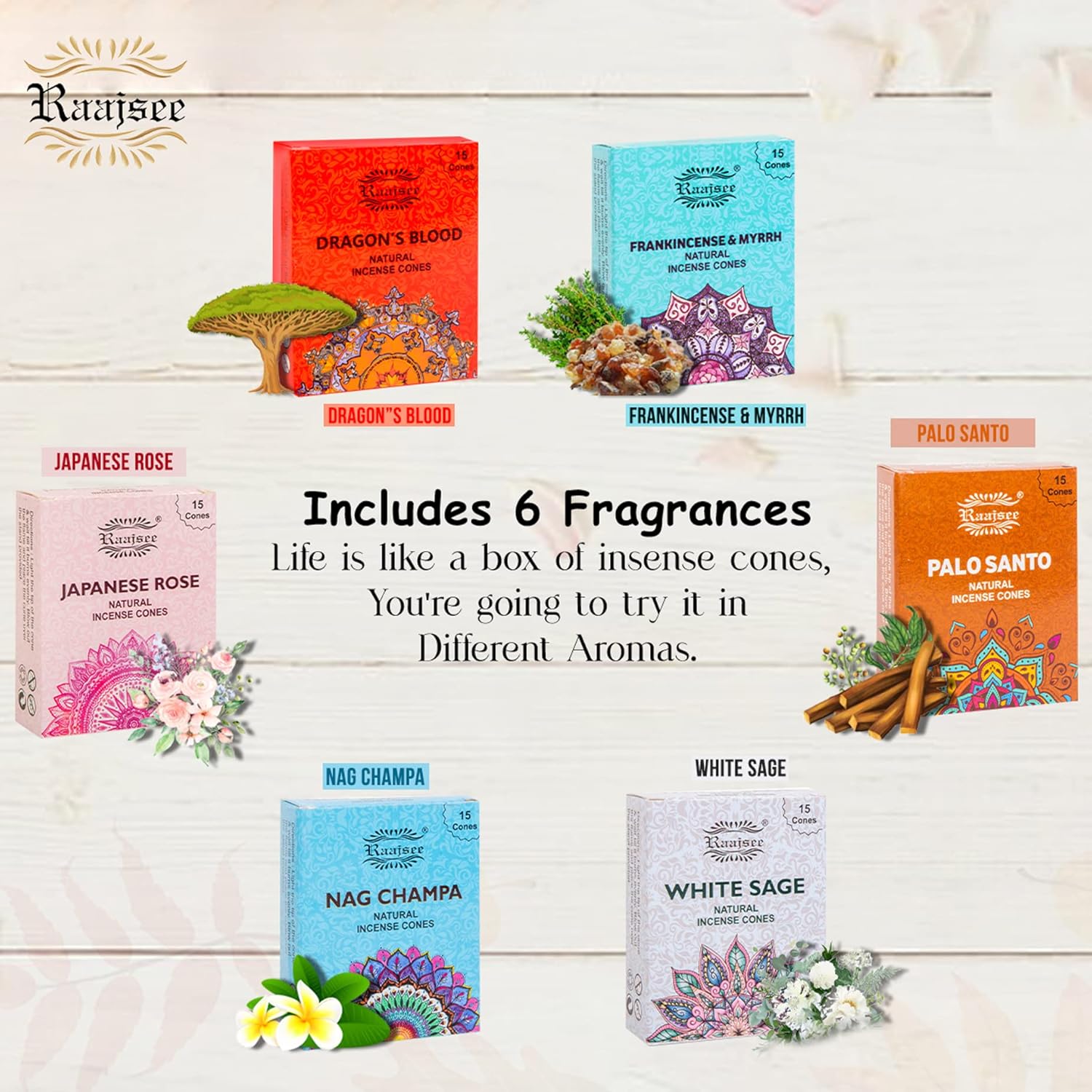 Raajsee Natural Incense Cones Variety Pack 6x15 1