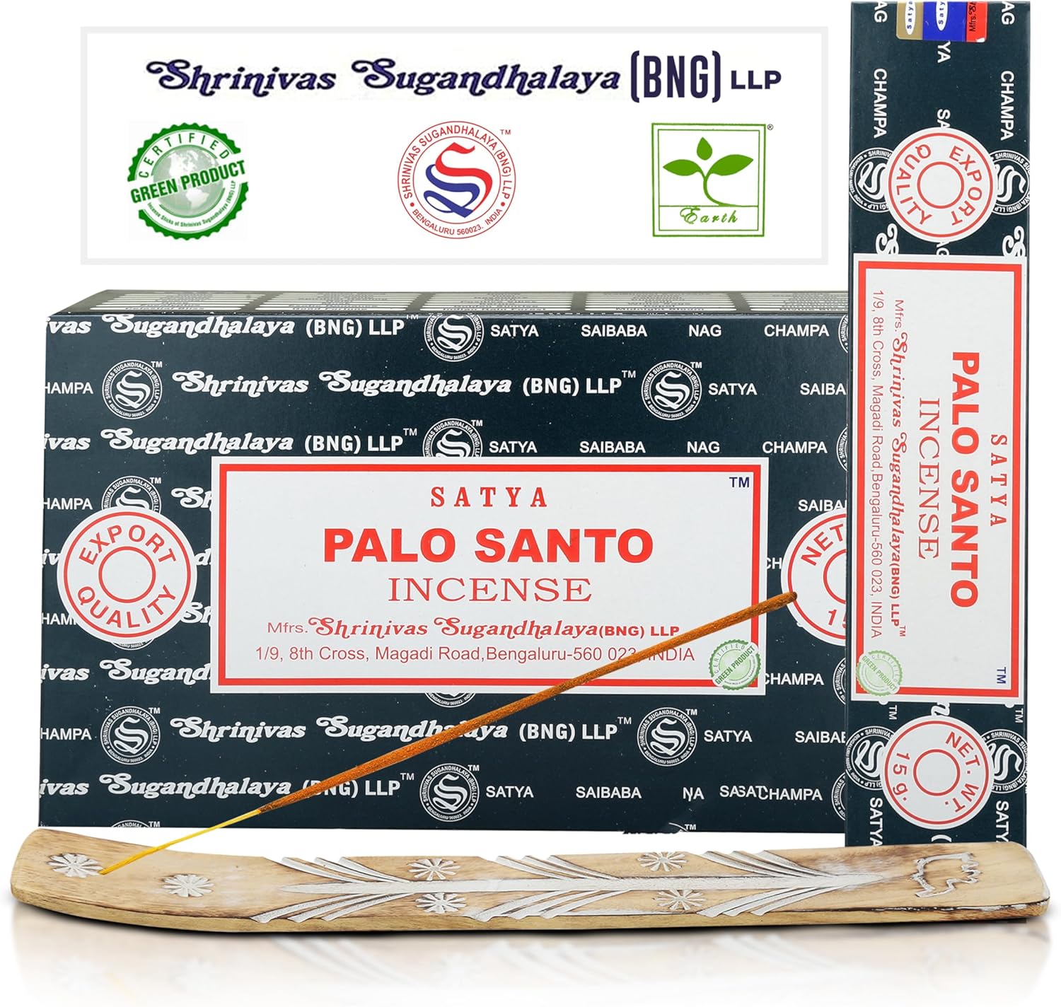 Satya Nag Champa Palo Santo Incense Sticks 15gmx12 Pack with Raajsee Incense Holder