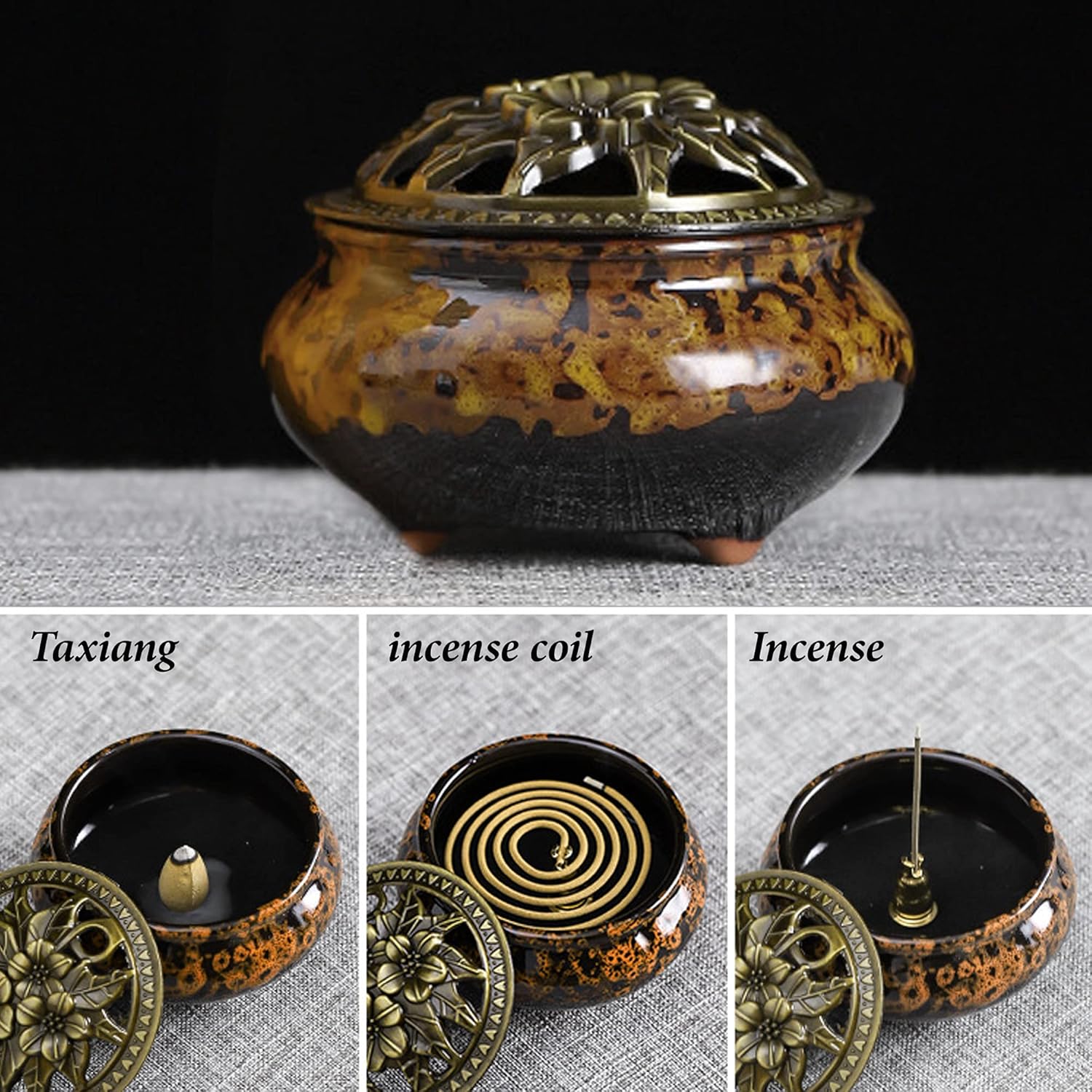 MENGSIYU Incense Cone Burner with Metal Holder and Fireproof Cotton