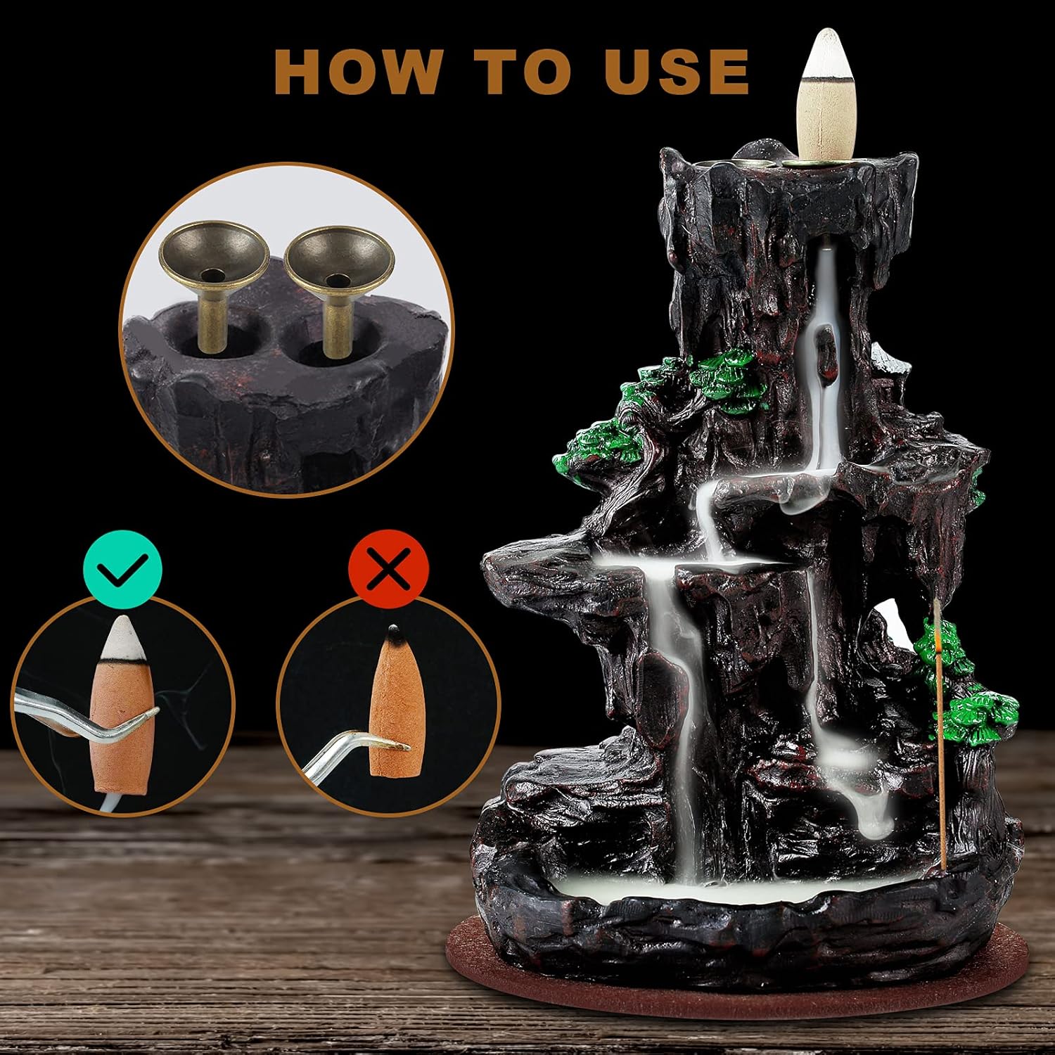 SPACEKEEPER Backflow Incense Burner with 2 Sides Waterfall Design