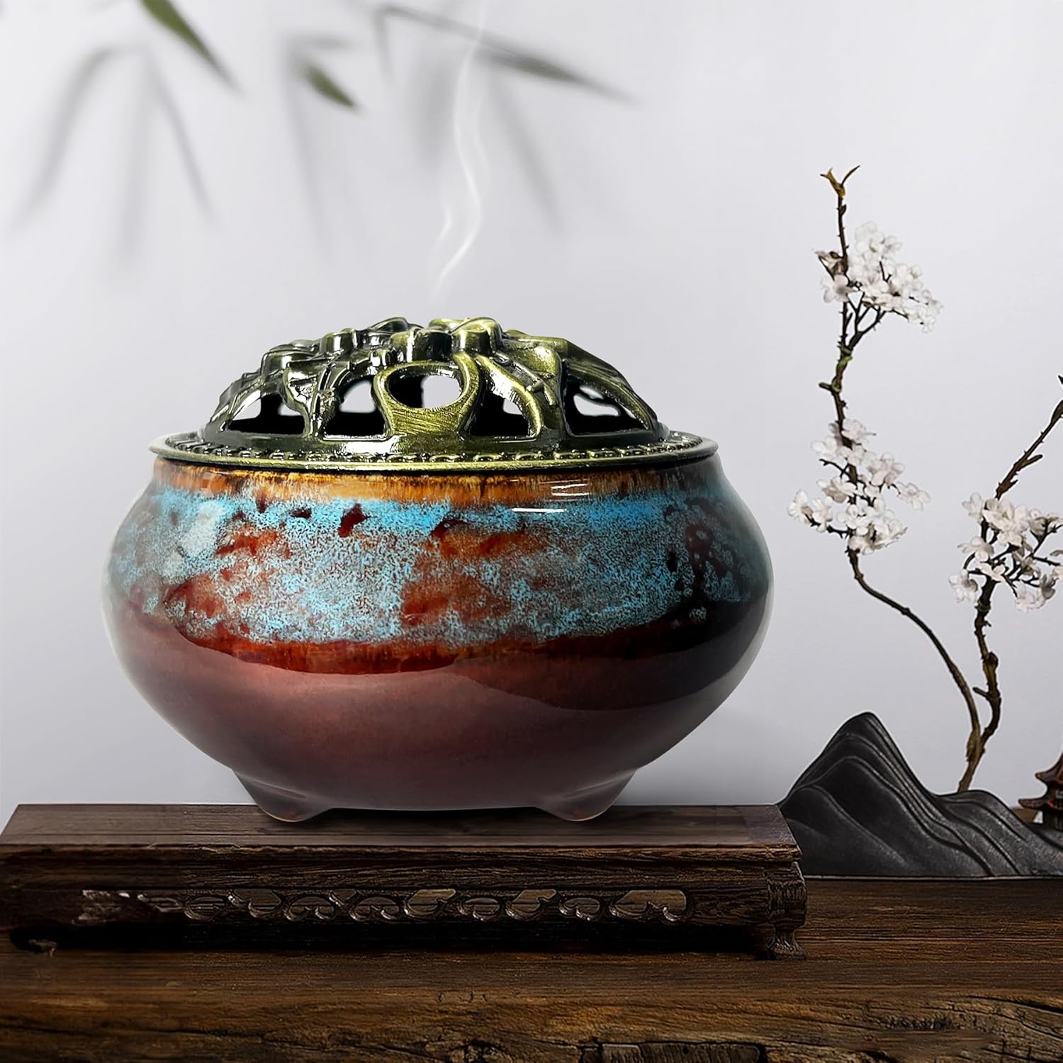 3PC Ceramic Incense Burner with Brass Lid Fambe Blue