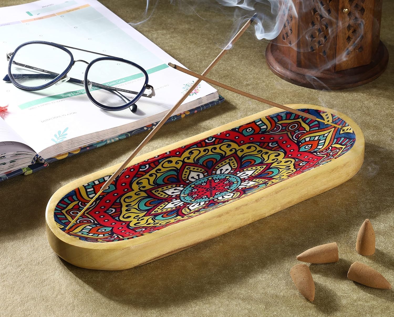 Yajna Traditional Handmade Incense Stick and Cone Holder Burner Ash Catcher Stand Wooden Tray Holder Mandala