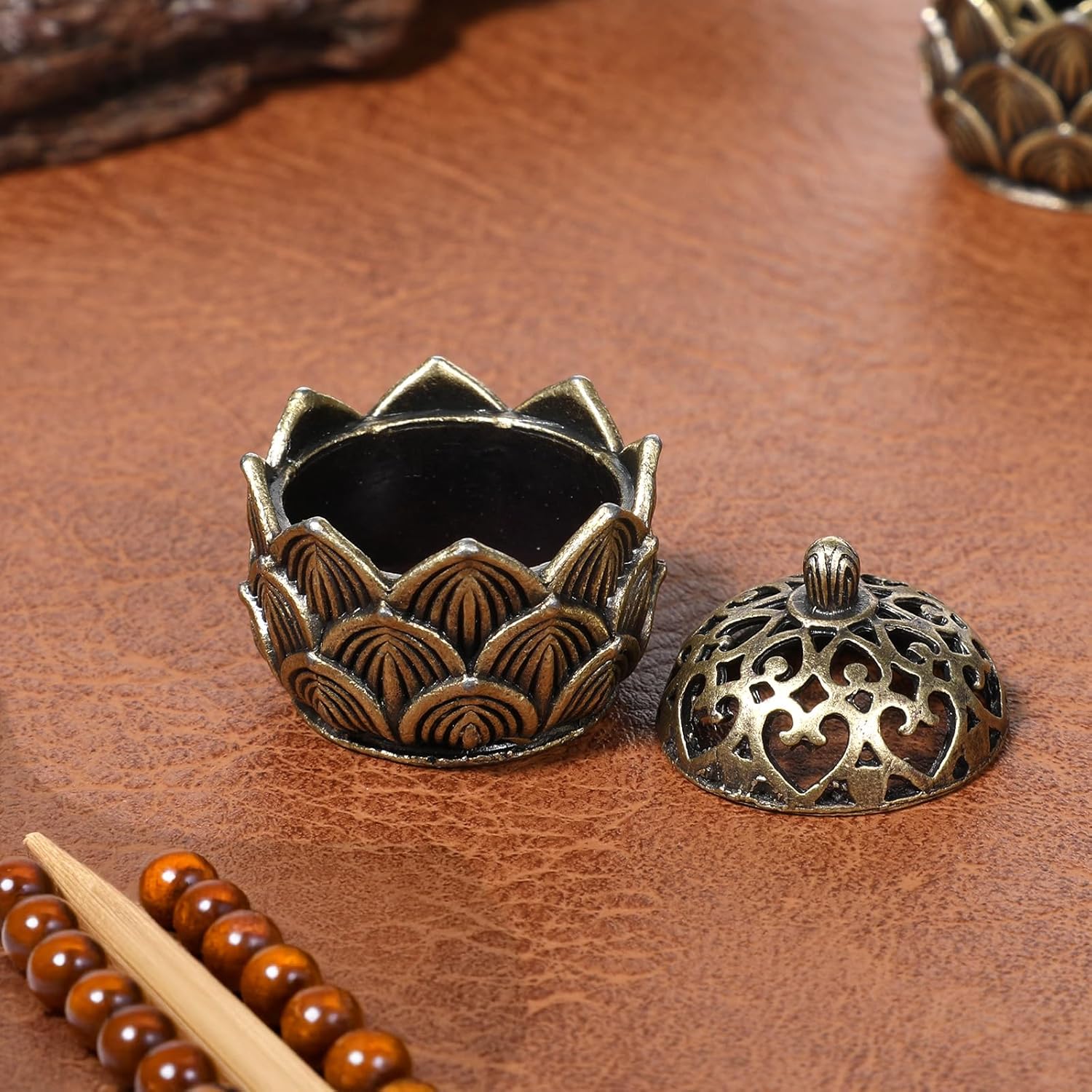2 Pack Brass Lotus Incense Holders with Lid for Home Decor