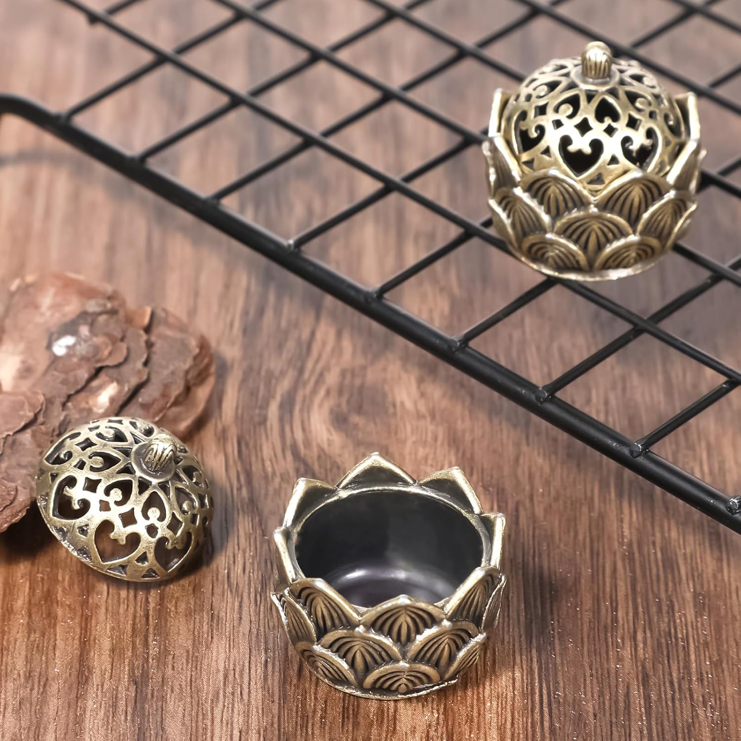 2 Pack Brass Lotus Incense Holders with Lid for Home Decor