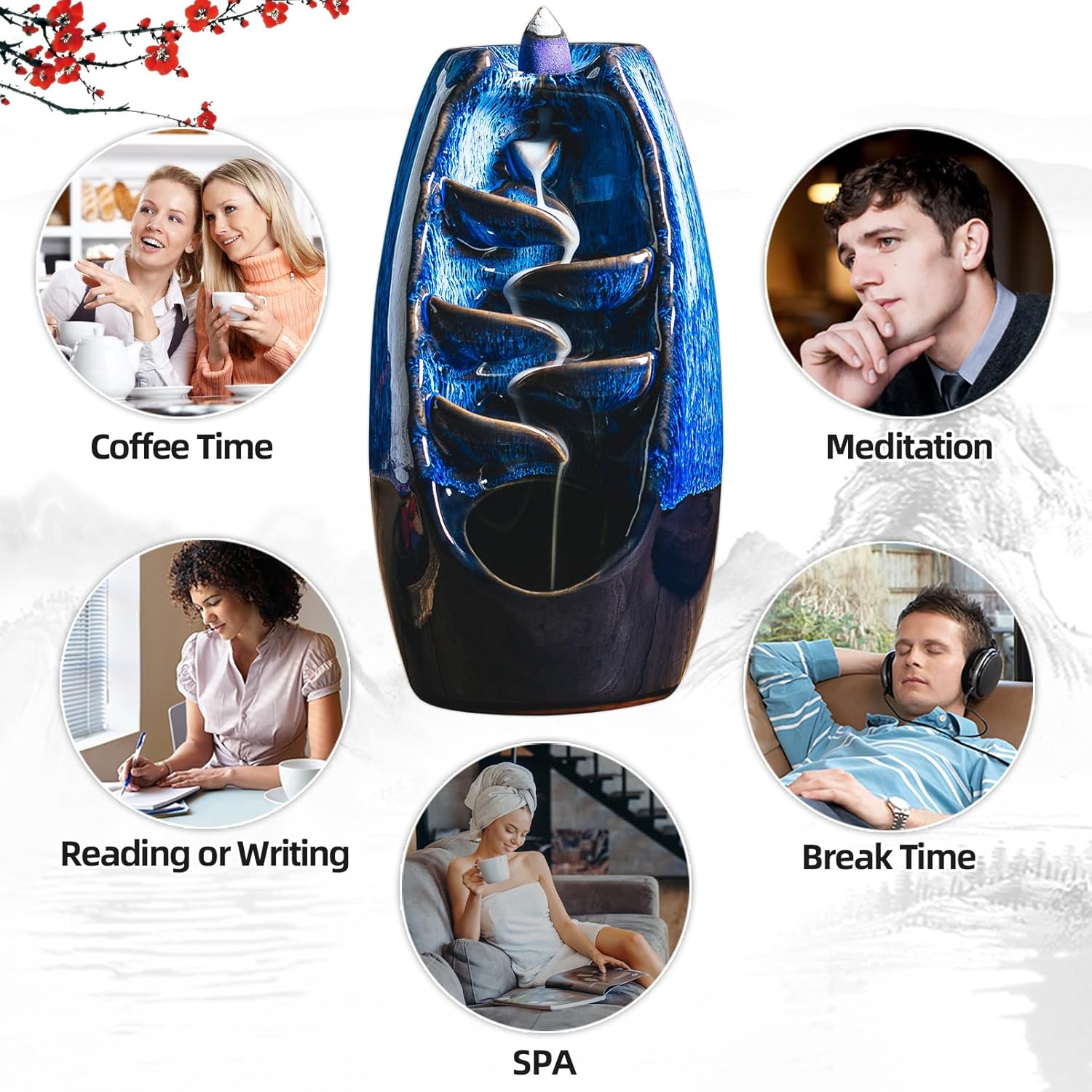 INONE Ceramic Incense Burner with 100 Cones Blue