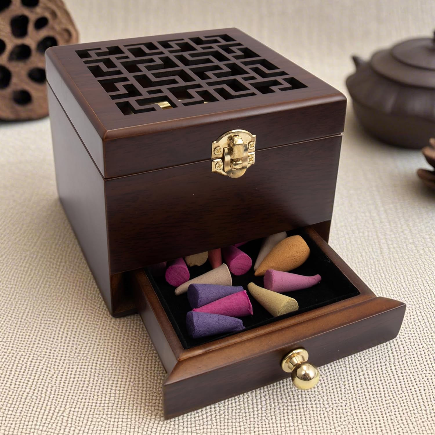 Nazareth Store Wood Incense Holder with Brass Inlays