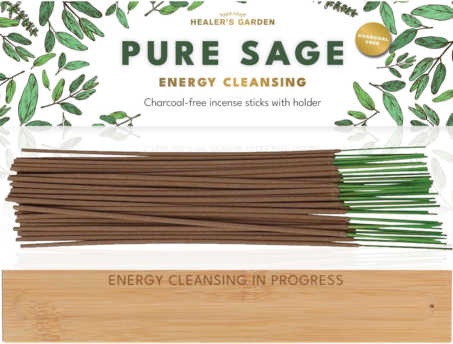 Premium Sage Incense Sticks with Engraved Wood Holder - 30 Sticks Charcoal Free Safe for Energy Cleansing