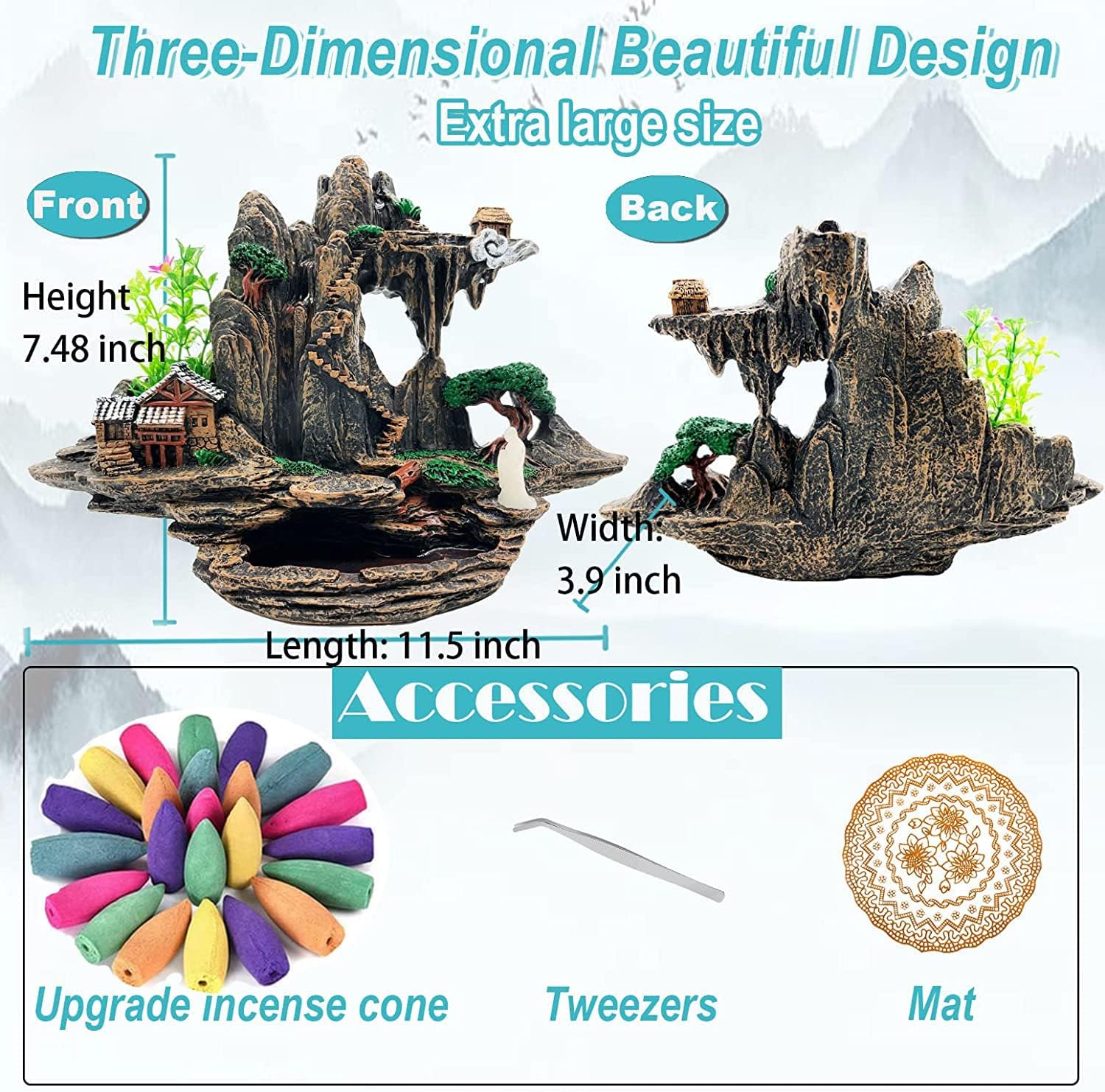 Mountain Waterfall Incense Burner with Upgraded Cones and Accessories