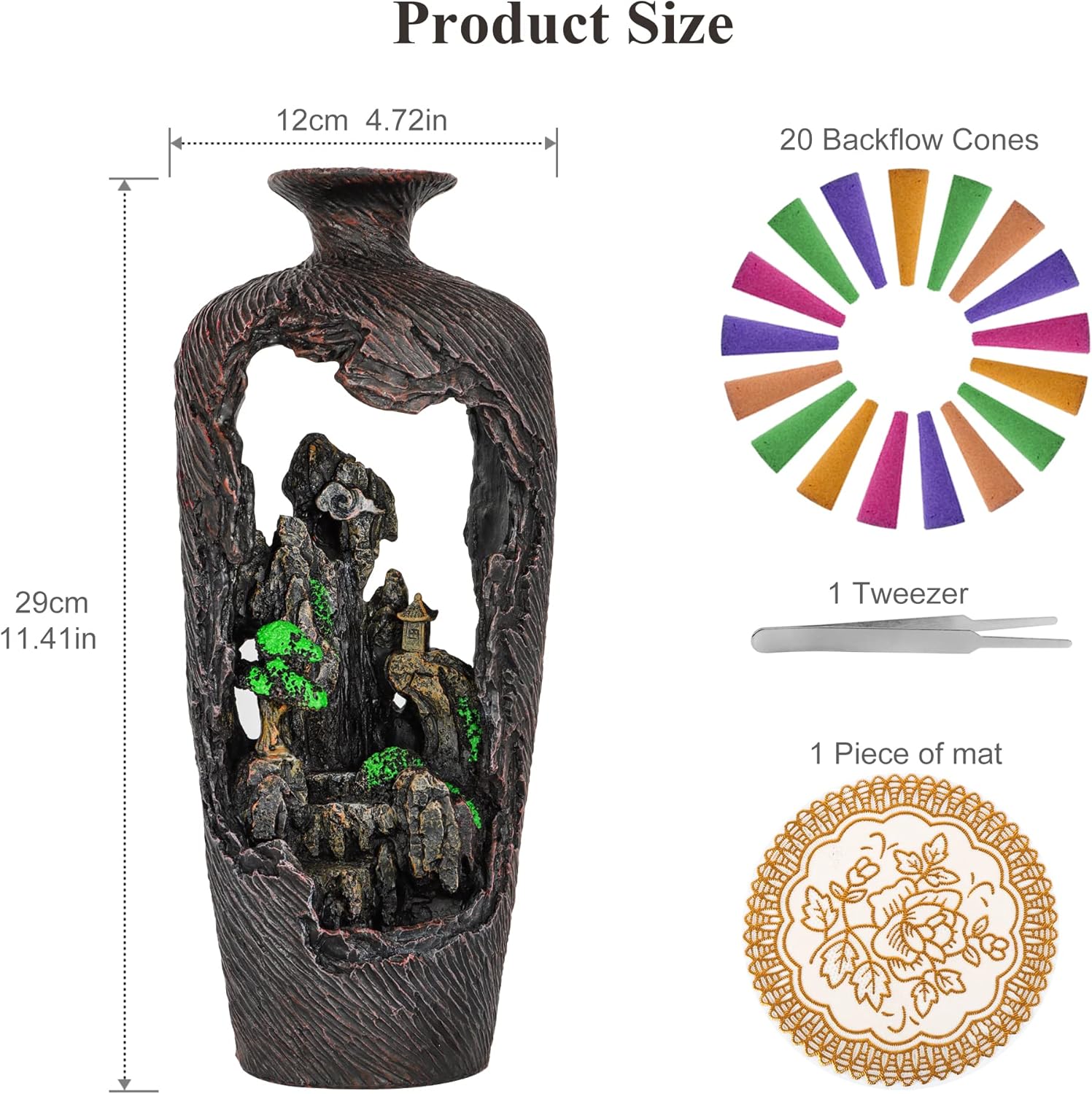 Mountain Waterfall Incense Burner with 20 Cones Tweezer and Mat