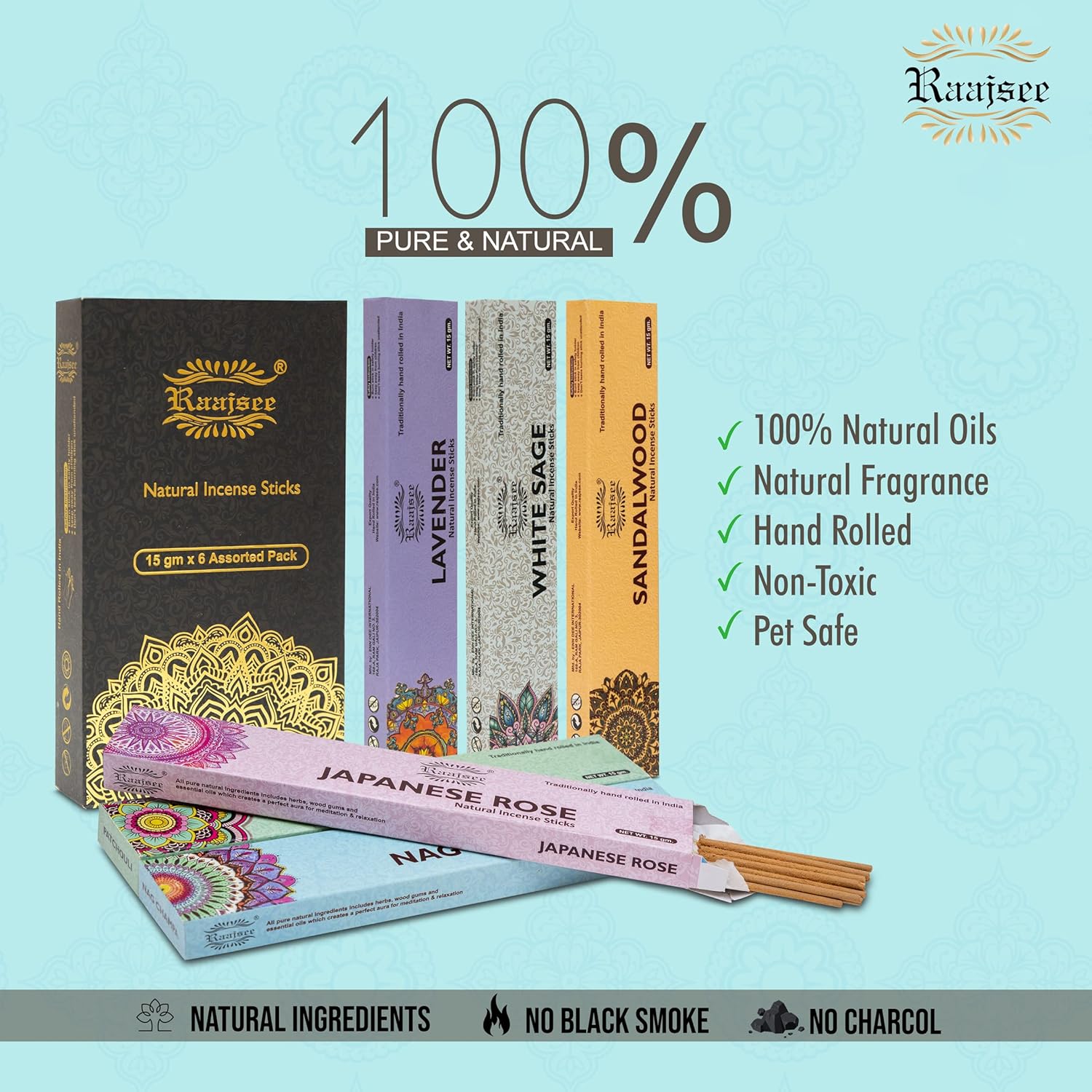 Raajsee Natural Incense Sticks 6 Pack Mixed Scents