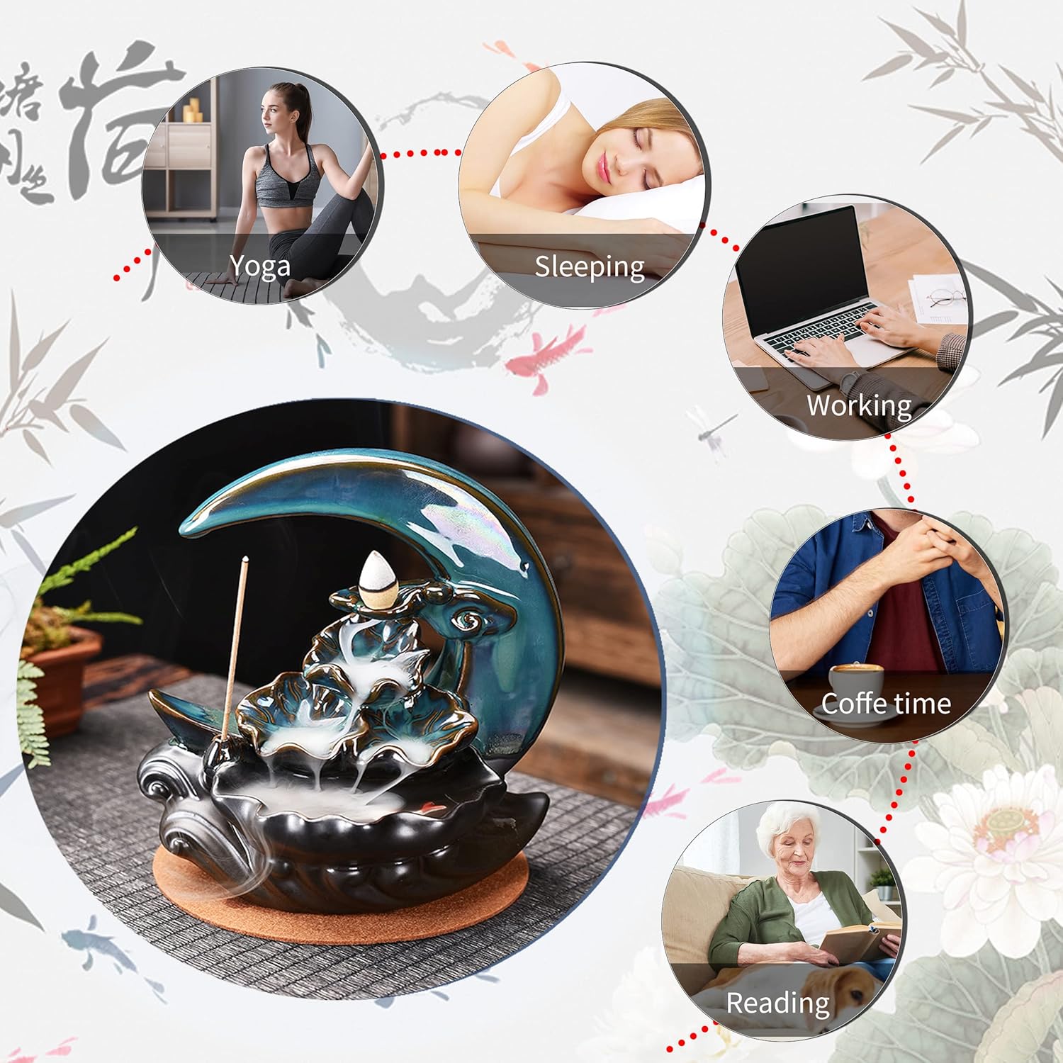 New Moon Backflow Incense Holder with 100 Cones and 40 Sticks